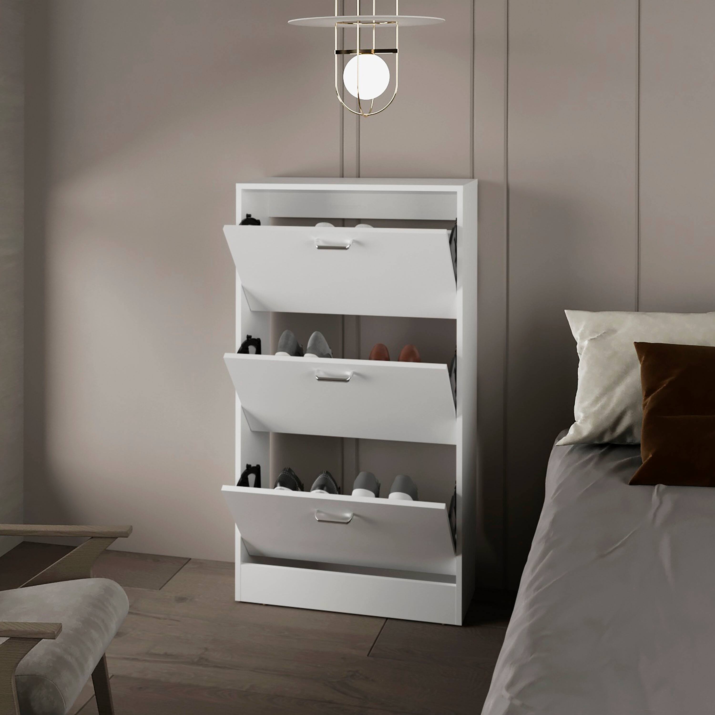 Angle. TinyHomie - PIECES Shoe Rack 3 Flip-Down Compartments Slim Vertical Design Organizer White - White.