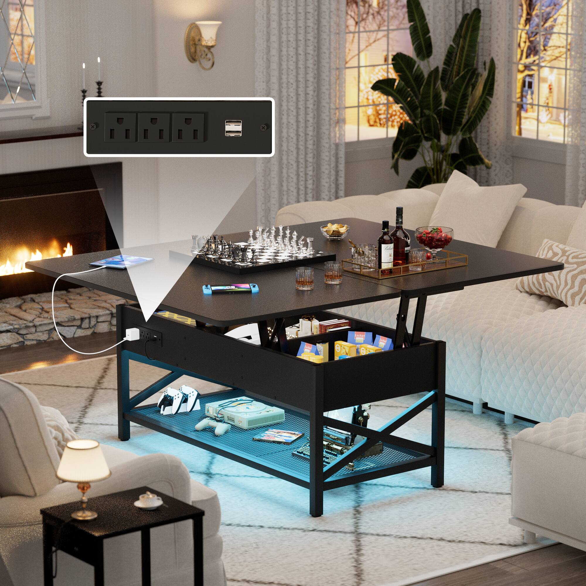 Alt View 1. Aheaplus - Convertible Lift Top Coffee Table: LED Lights & Power Outlet, Multi-Function Center Table for Living Room - Black.