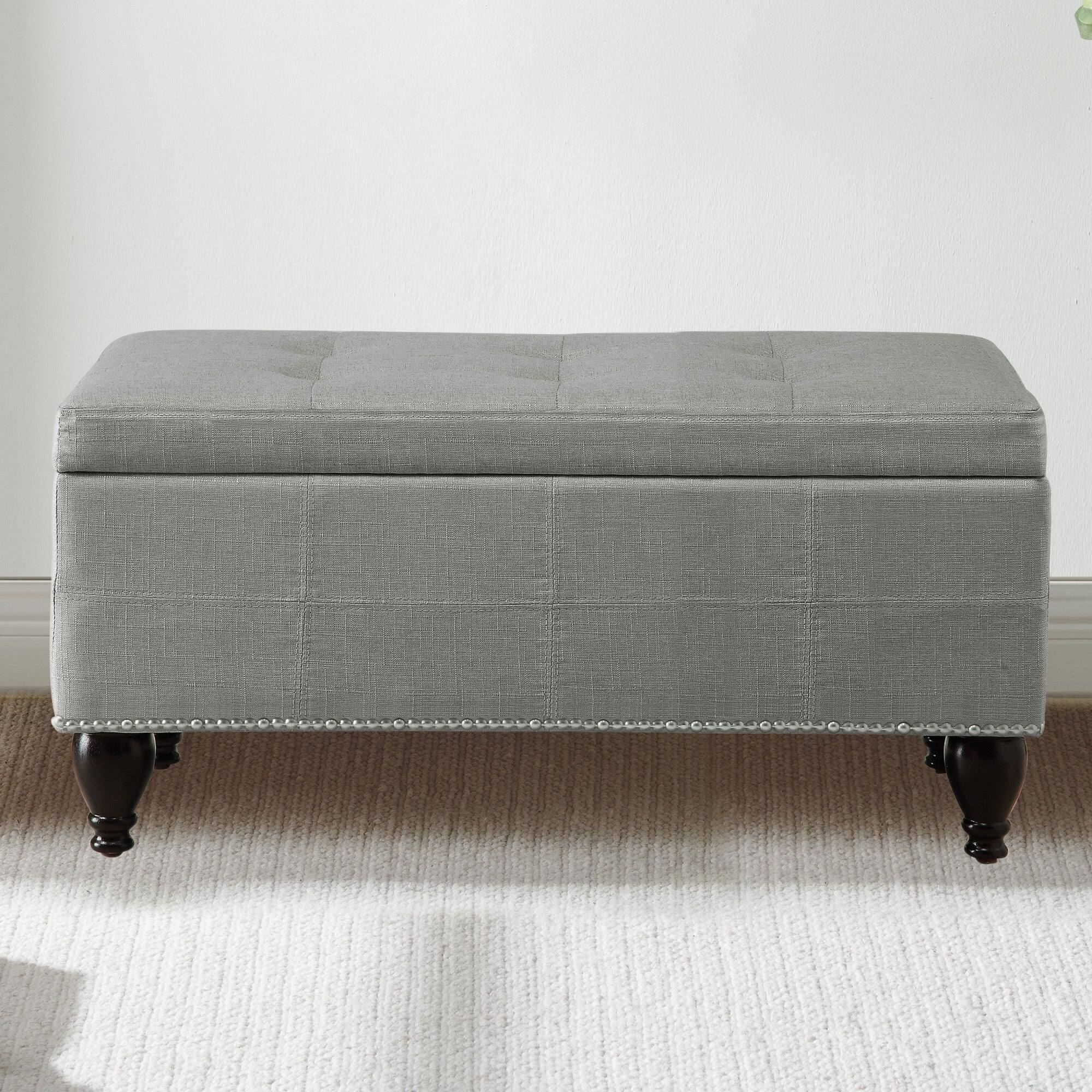 Alt View 4. Boyel Living - Small Linen Bench with Nailhead Trim and Solid Wood Legs - Light Gray.