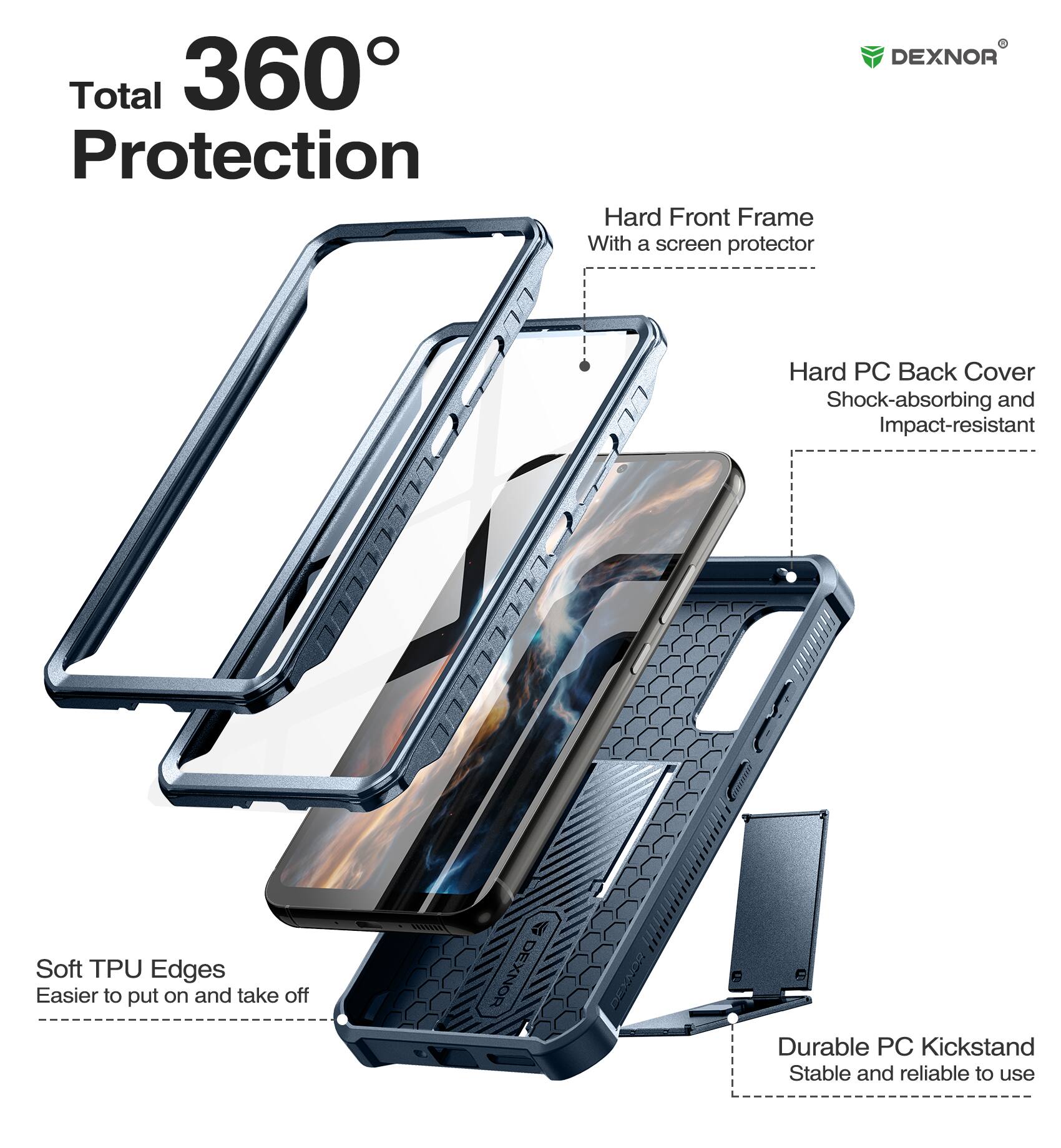 Total 360° Protection

- Hard Front Frame
  - With a screen protector

- Hard PC Back Cover
  - Shock-absorbing and Impact-resistant

- Soft TPU Edges
  - Easier to put on and take off

- Durable PC Kickstand
  - Stable and reliable to use