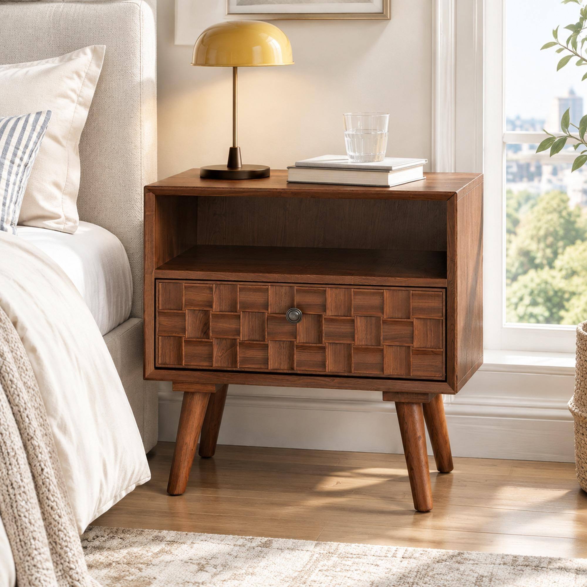 Front. RYHNUYNE - 22 in Mid-Century Modern Wood Nightstand, Carved Geometric Drawer Front, Open Shelf, Solid Wood Legs, Bedside Table - Walnut.