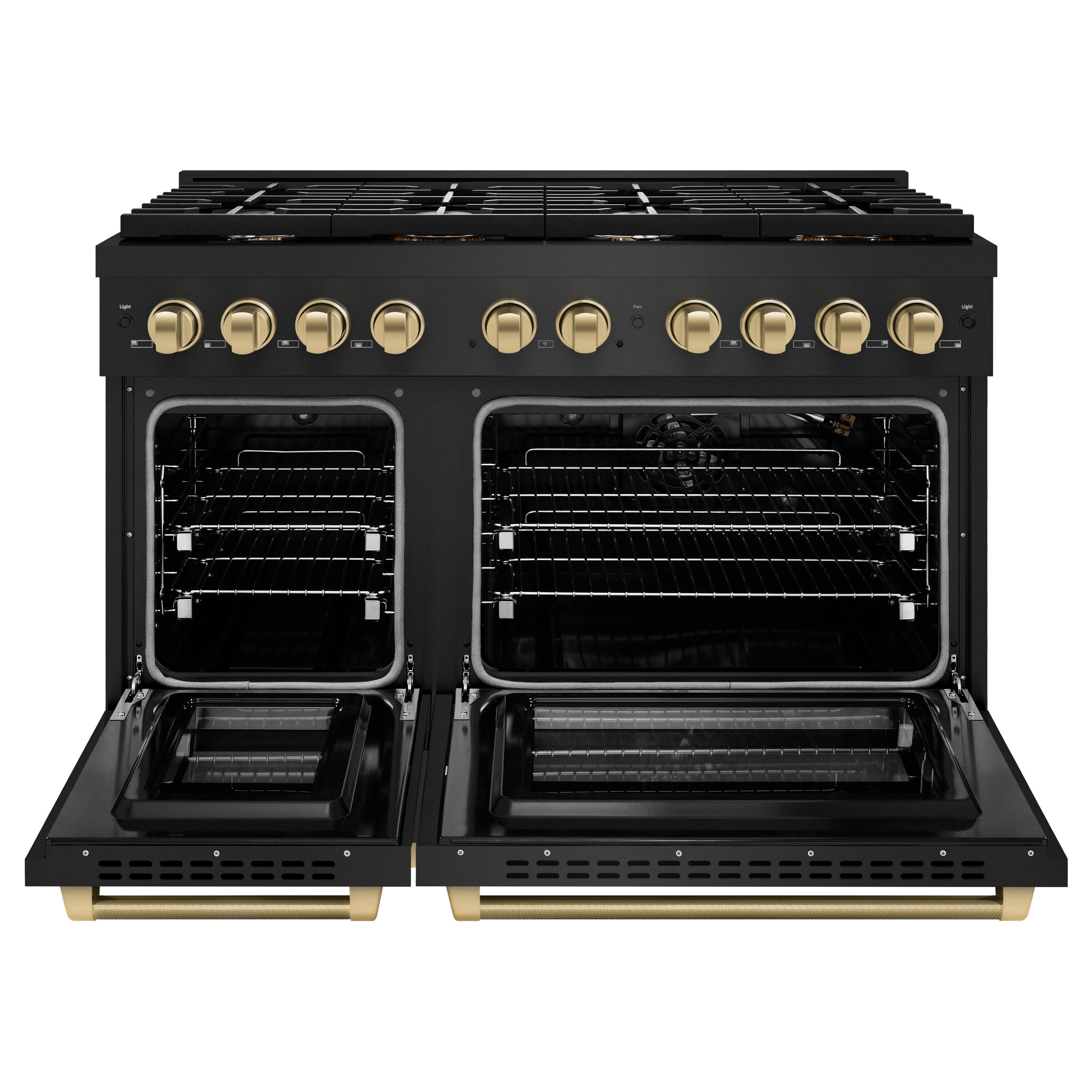 Angle. ZLINE - ZLINE Autograph 48 in. 6.7 Cu. Ft. Freestanding Paramount Gas Range in Black Stainless Steel with Bronze Helix Handles - Black Stainless Steel.