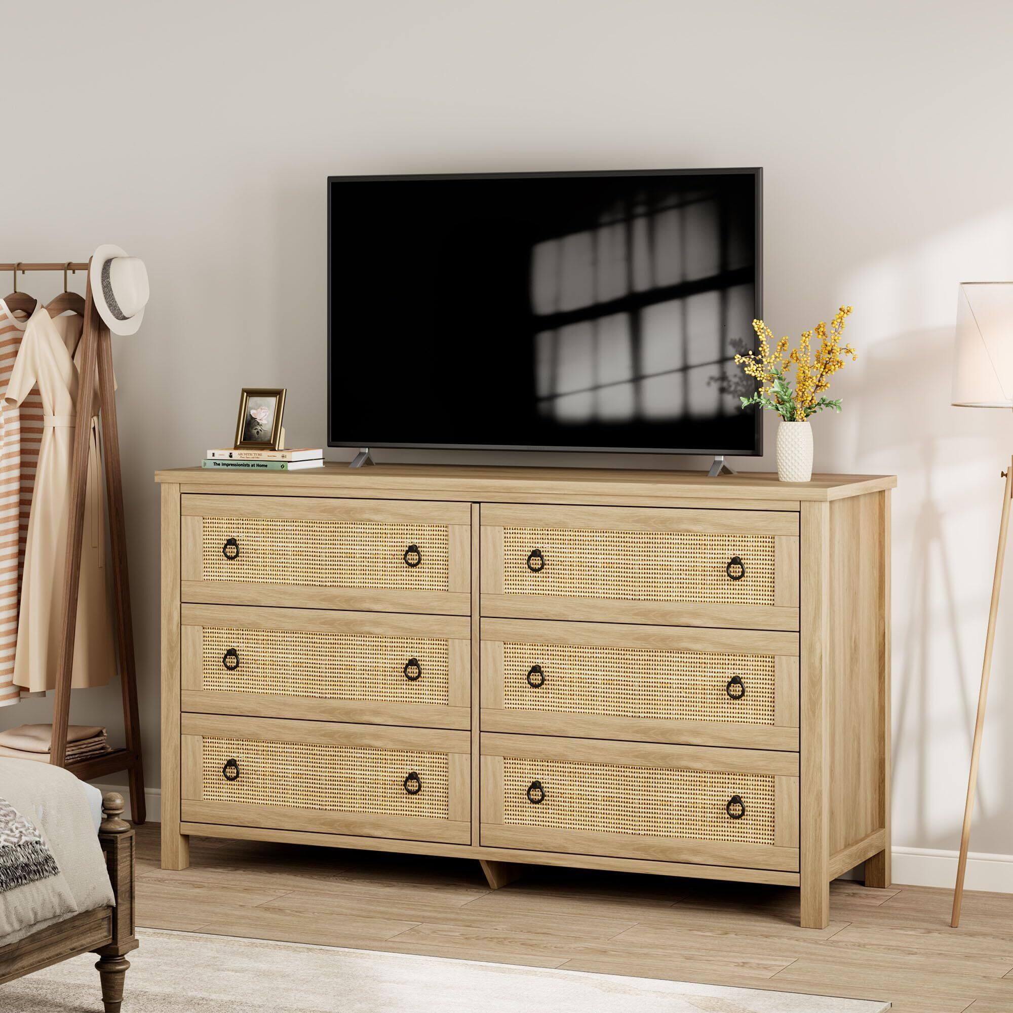 Alt View 7. Acekool - Rattan Dresser for Bedroom with 6 Drawers, Chest of Drawers with Large Clothes Storage Cabinet - Yellow.