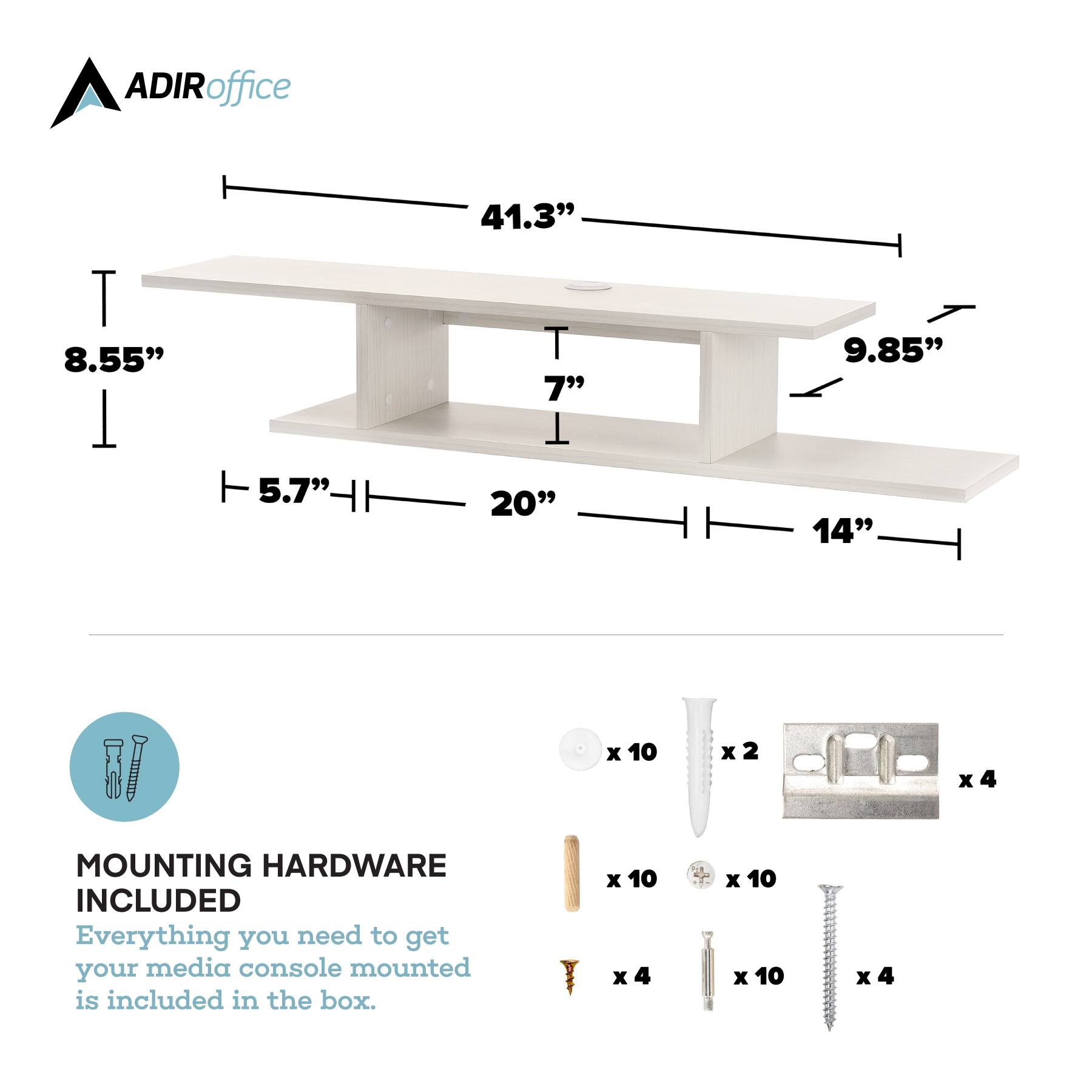 ADIRoffice, MOUNTING HARDWARE INCLUDED, Everything you need to get your media console mounted is included in the box., 8.55", 41.3", 7", 9.85", 5.7", 20", 14", x10, x2, x4, x10, x10, x10, x4
