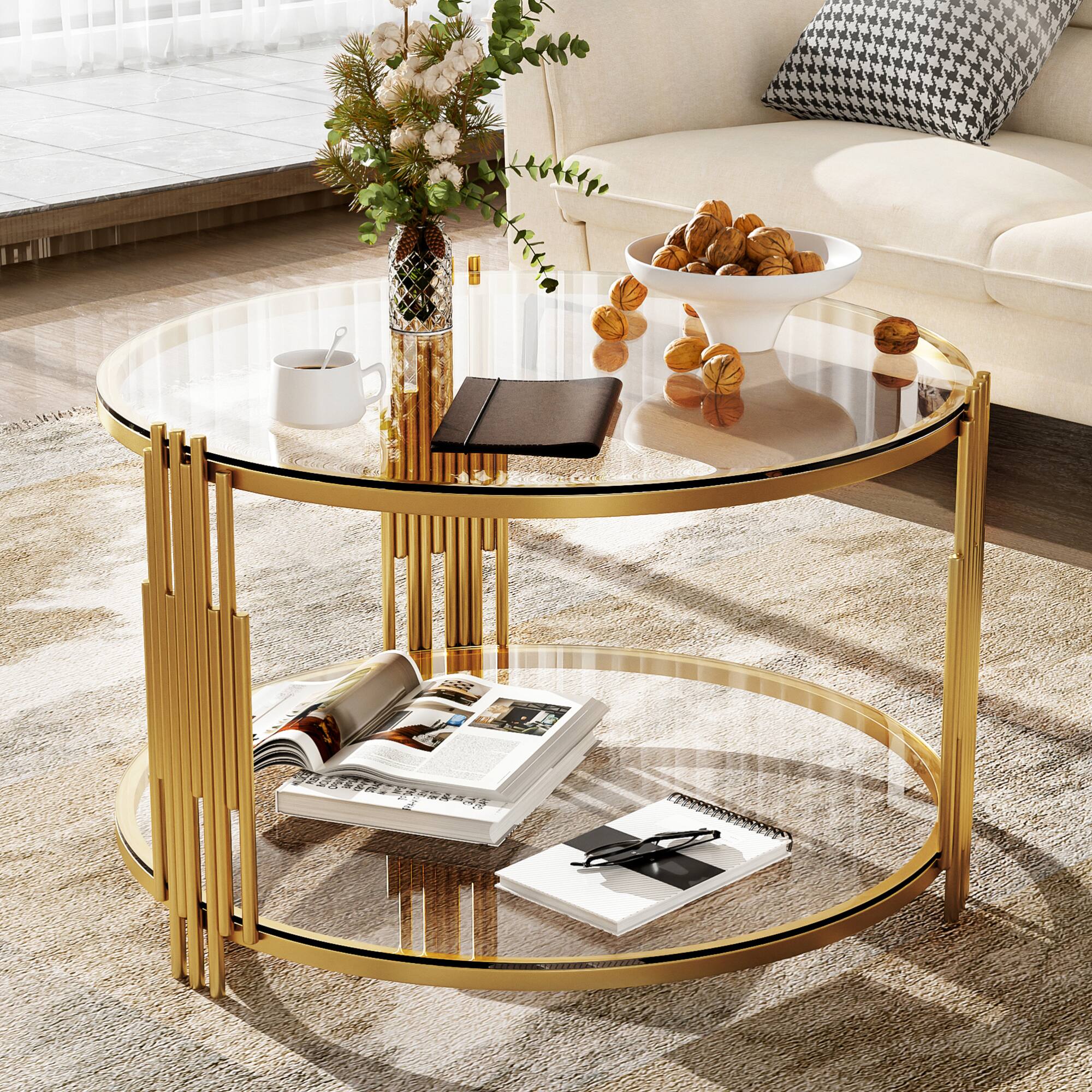 Angle. GOODSILO - Contemporary Glass Coffee Table with Asymmetrical Metal Base and Lower Shelf - Transparent.