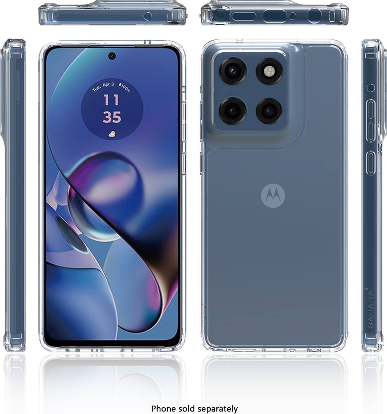 The image shows a cell phone that is sold separately. The phone has a blue and purple case and is made by Motorola. The image also shows the back of the phone, which has a camera and a flash. The phone is displayed in a case, and it is available for purchase.