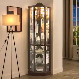 LUCKY ONE - Freestanding Corner Curio Cabinet with Glass Shelves LED Light Bar Cabinet Wine Storage Display Case - Cherry