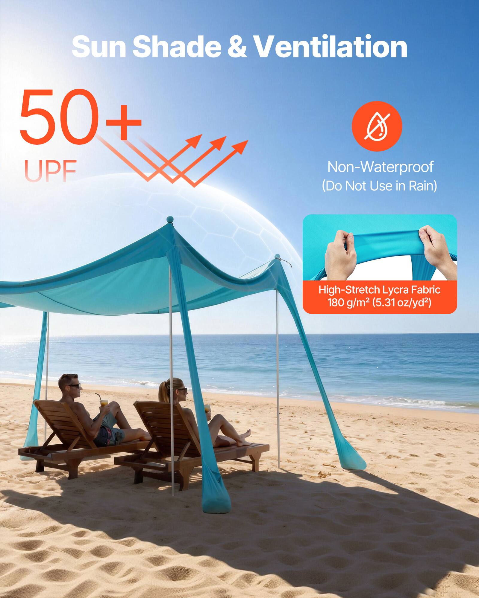 Sun Shade & Ventilation  
50+ UPF  
Non-Waterproof (Do Not Use in Rain)  
High-Stretch Lycra Fabric 180 g/m² (5.31 oz/yd²)
