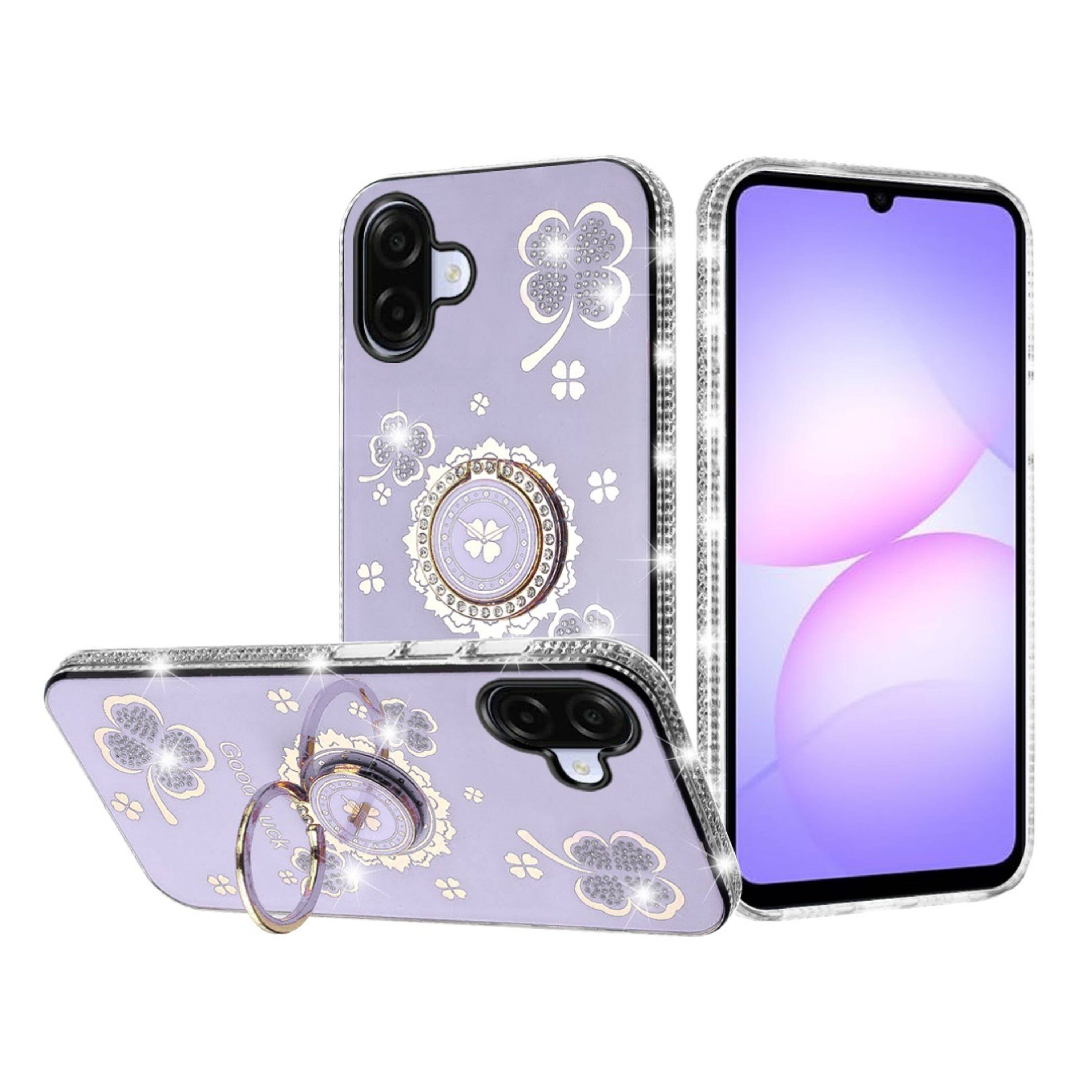Angle. Kitcheniva - Crystal Studded Phone Case With Ring Stand Tempered Glass For Samsung Galaxy A07 Purple - Purple.