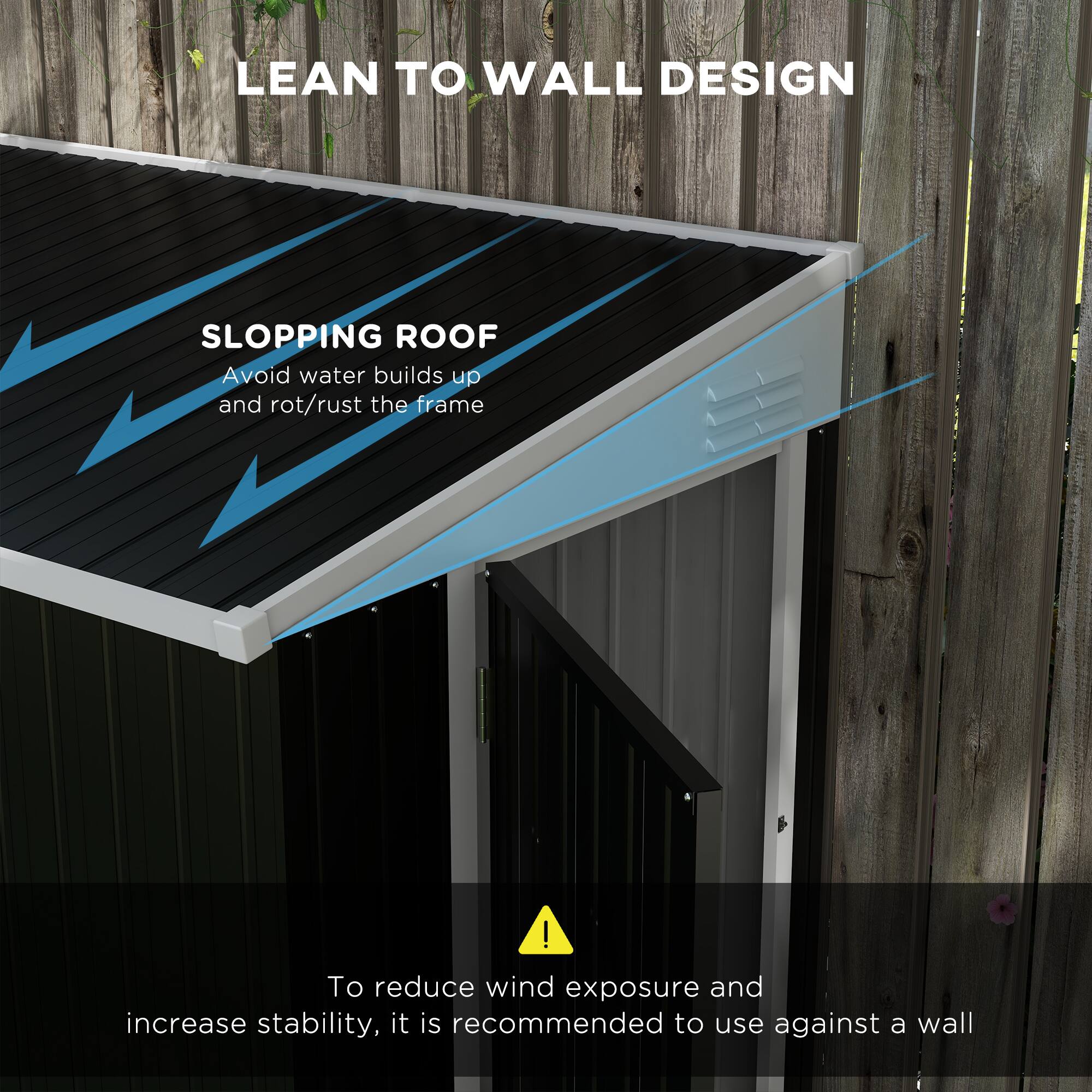 LEAN TO WALL DESIGN

SLOPPING ROOF
Avoid water builds up and rot/rust the frame

To reduce wind exposure and increase stability, it is recommended to use against a wall