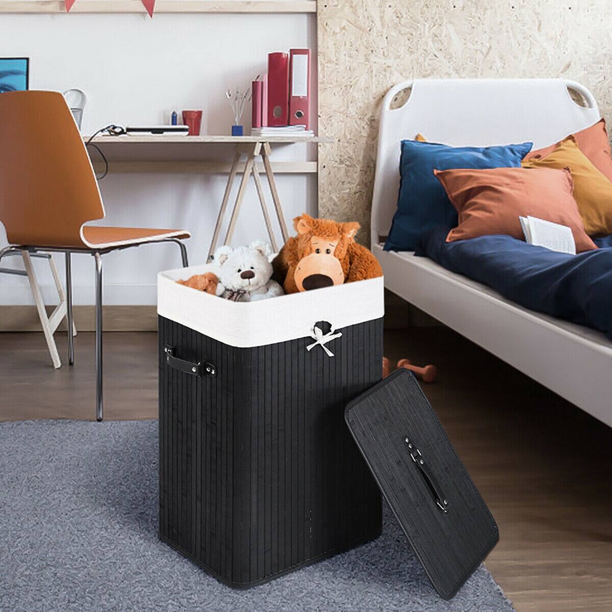 Alt View 13. Costway - Rectangle Bamboo Hamper Laundry Basket Washing Cloth Bin Rangier Lid Black - Black/White.
