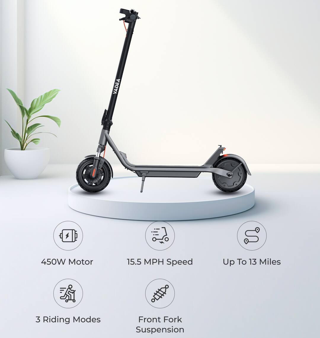 VADEA 450W Motor 15.5 MPH Speed Up To 13 Miles 3 Riding Modes Front Fork Suspension