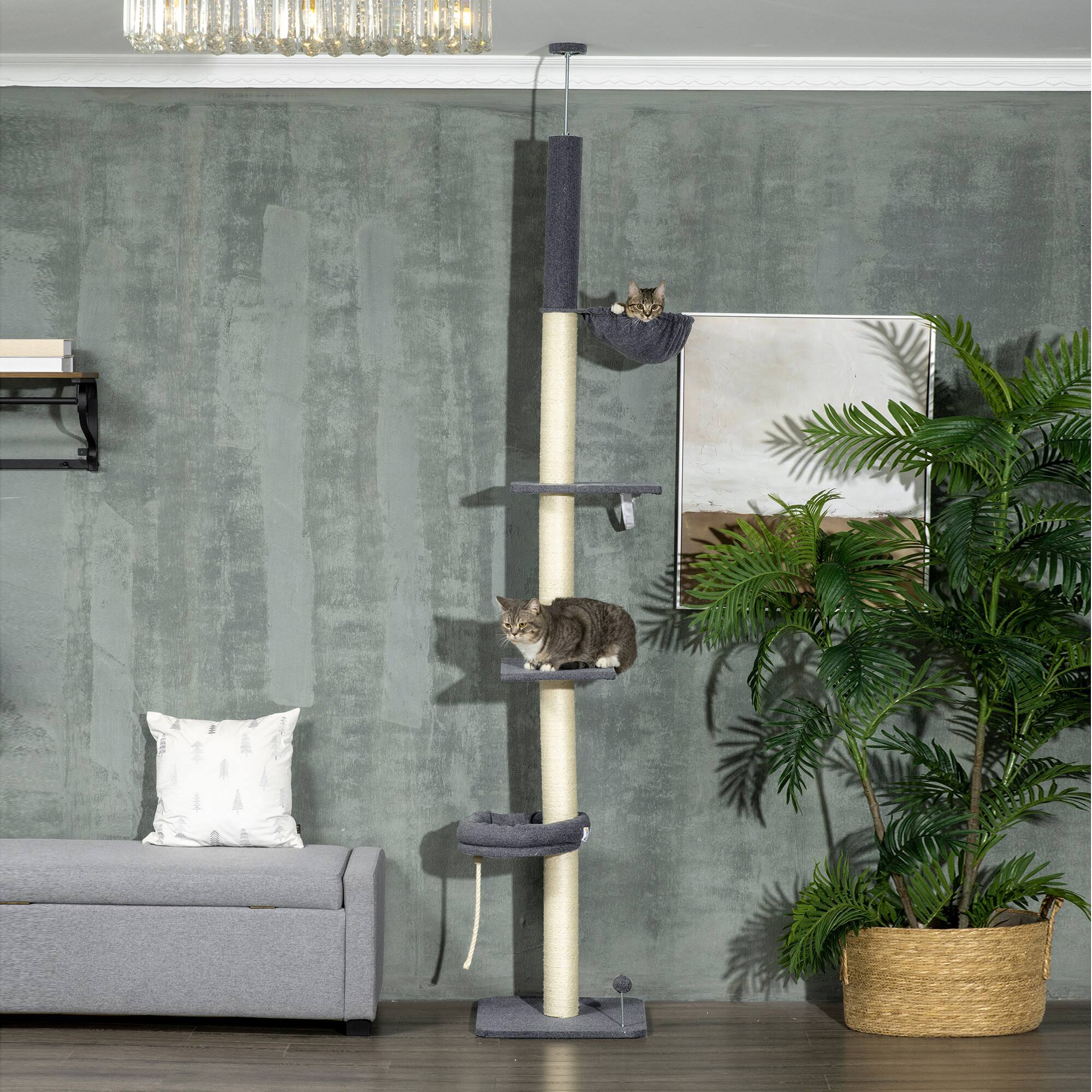Angle. Pawhut - Floor To Ceiling Cat Tree, 95''-106'' Adjustable, Carpeted Platforms, Hammock, Scratching Post, Toy Ball - Black and Cream.