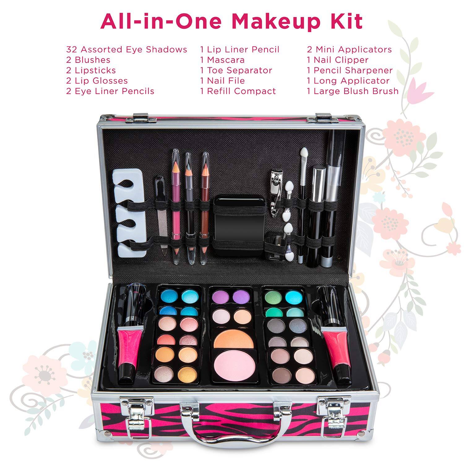 All-in-One Makeup Kit
32 Assorted Eye Shadows
2 Blushes
2 Lipsticks
2 Lip Glosses
2 Eye Liner Pencils
1 Lip Liner Pencil
1 Mascara
1 Toe Separator
1 Nail File
1 Nail Clipper
1 Pencil Sharpener
1 Long Applicator
1 Refill Compact
1 Large Blush Brush
2 Mini Applicators
