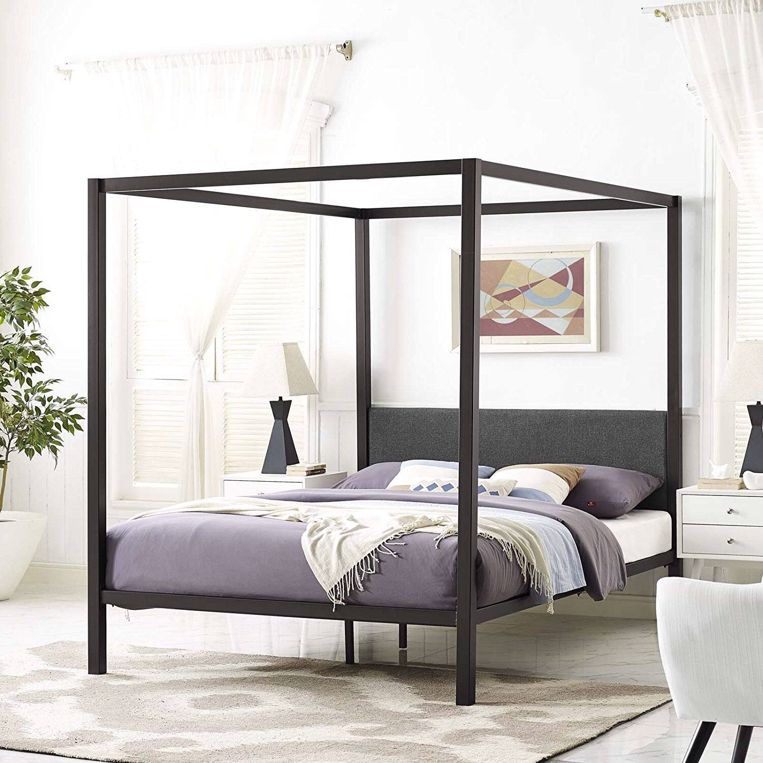 Back. Hivvago - Hivvago Queen size Metal Canopy Bed Frame with Upholstered Headboard - Brown.