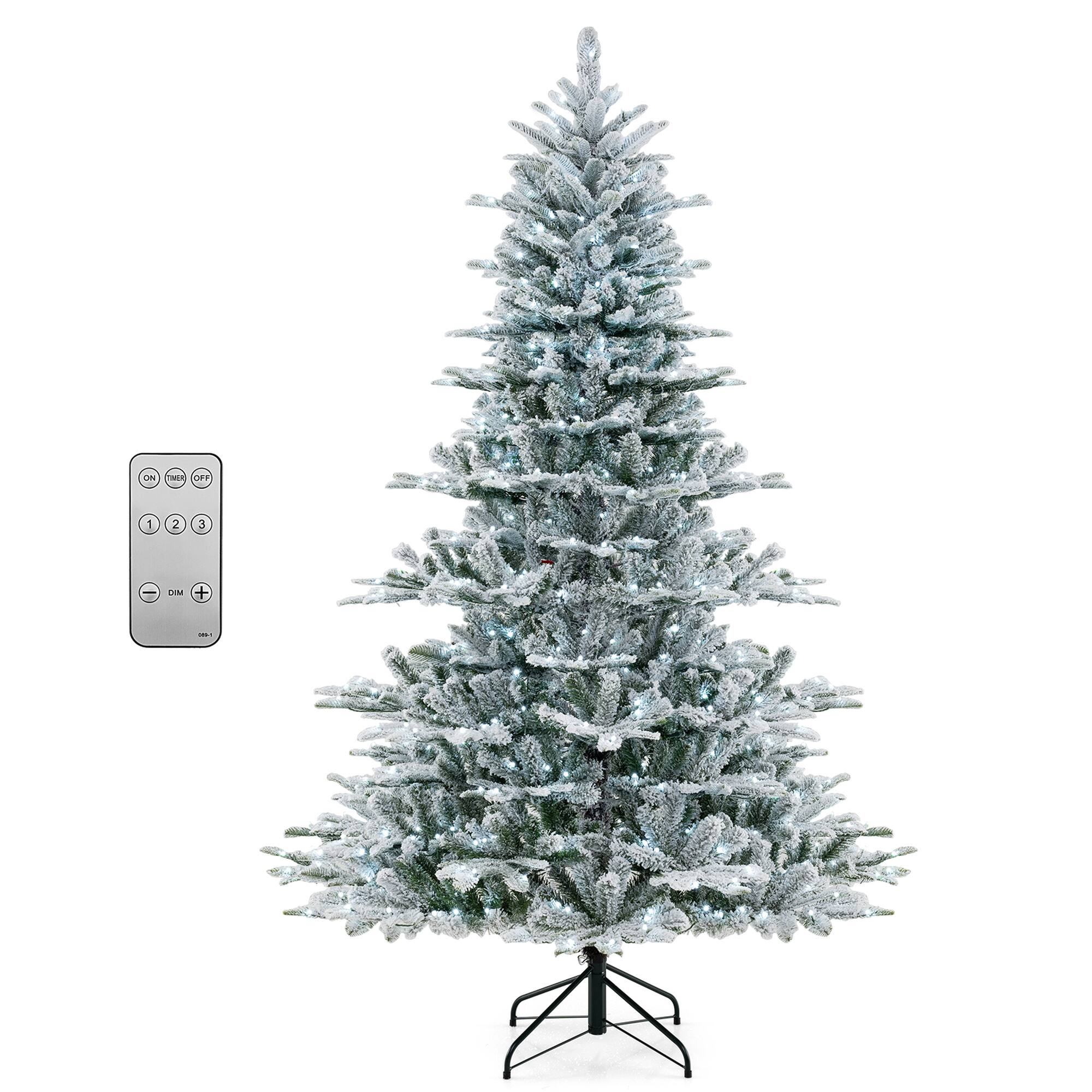 Costway - 7 FT Snow Flocked Artificial Christmas Tree with 1119 PVC & PE Tips 620 LED Lights - Green,White