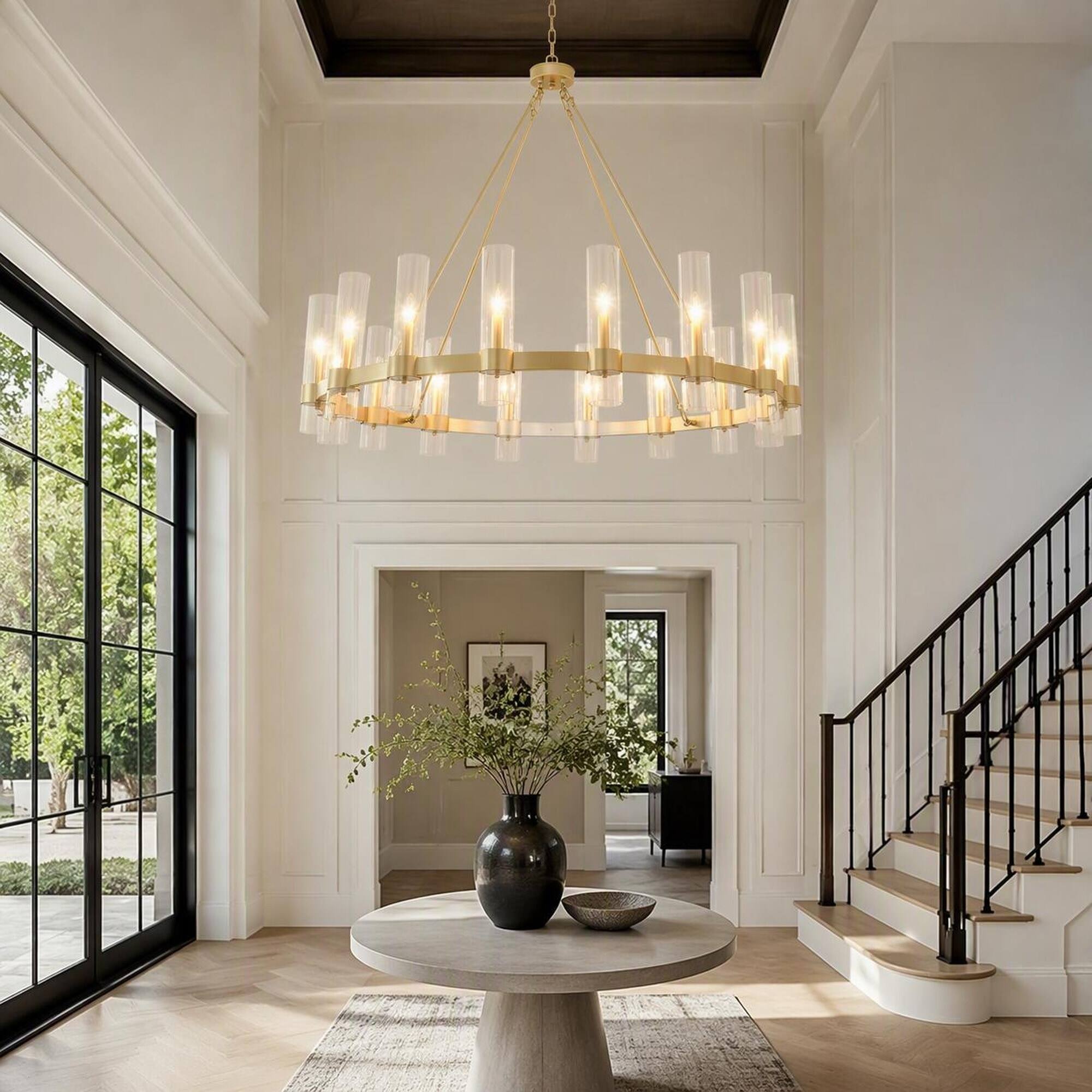 Alt View 1. RYHNUYNE - 47.24-Inch Gold Wagon Wheel Chandelier with 16 Lights, Seeded Glass Shades, Adjustable Chain for Dining Room.