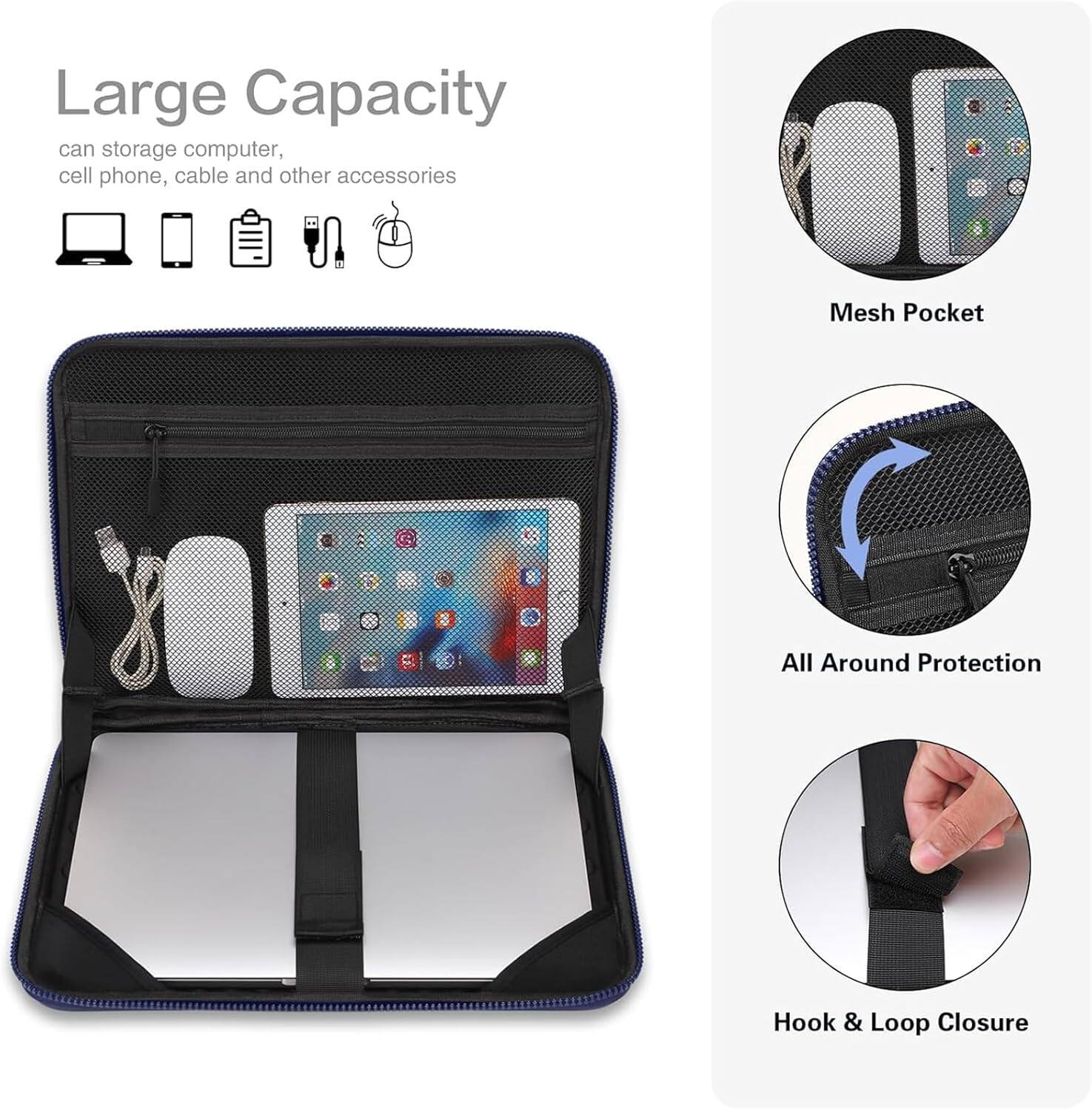 Large Capacity  
can storage computer, cell phone, cable and other accessories  

Mesh Pocket  

All Around Protection  

Hook & Loop Closure