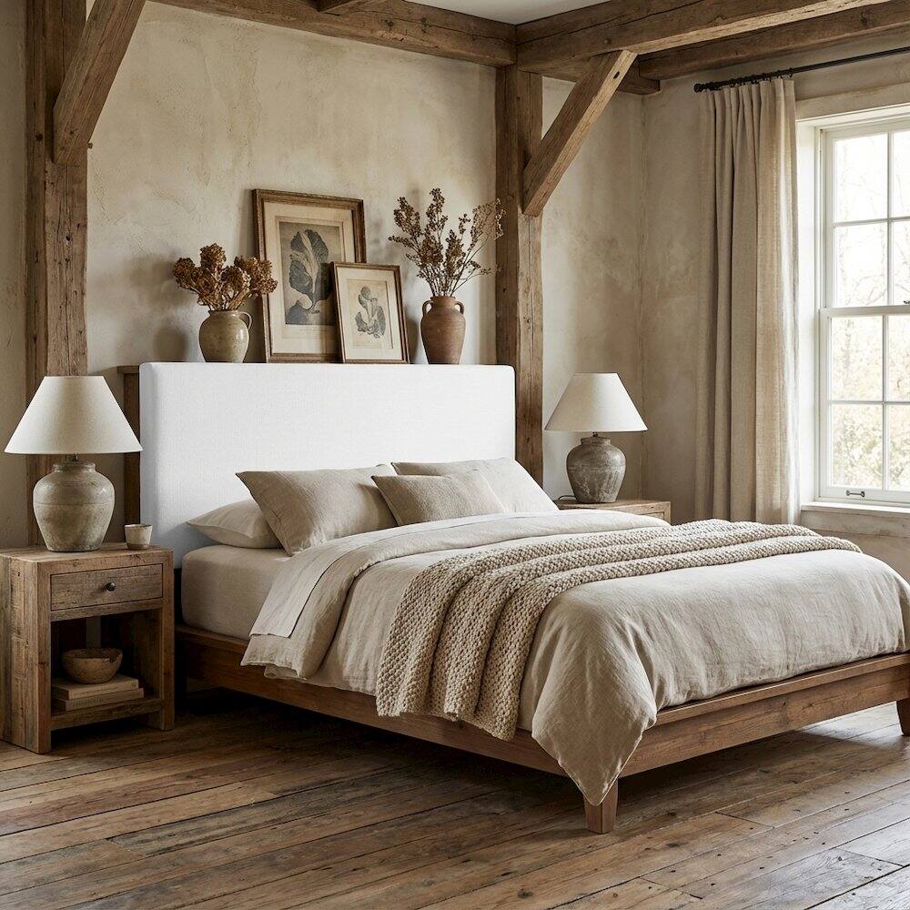 Angle. FurniFact - Upholstered Linen Fabric King and California King Headboard with Padded Design - White.