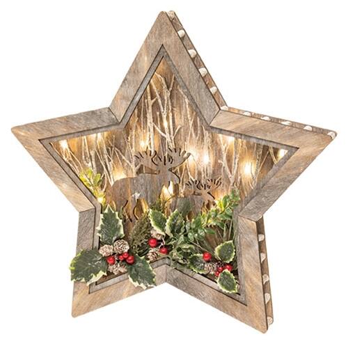 BreeBe - Wooden LED Star Cutout w/Moose & Holly 19" - Brown