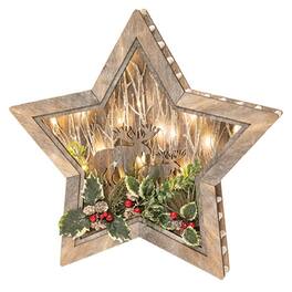 BreeBe - Wooden LED Star Cutout w/Moose & Holly 19" - Brown