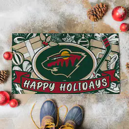 Evergreen Enterprises - Minnesota Wild 28" x 16" Happy Holidays Christmas Turf Door Mat - Multicolor