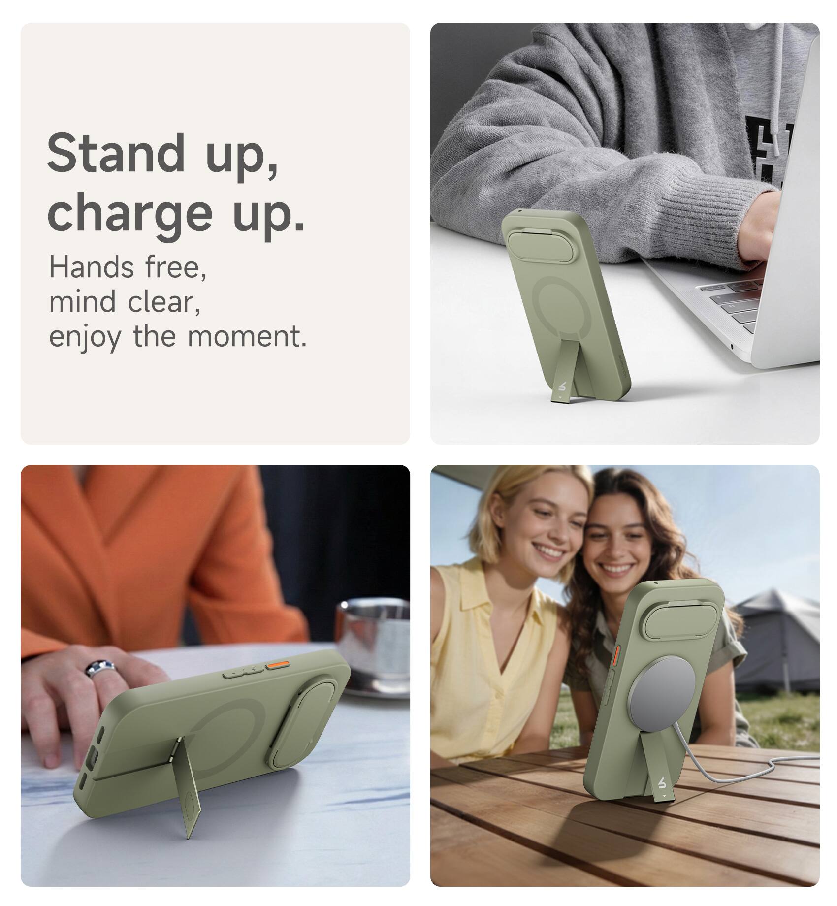 Stand up, charge up.  
Hands free, mind clear, enjoy the moment.