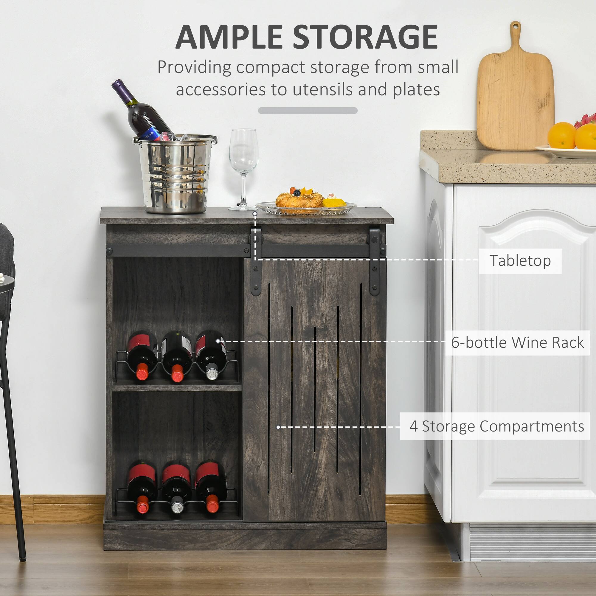 AMPLE STORAGE  
Providing compact storage from small accessories to utensils and plates  

Tabletop  
6-bottle Wine Rack  
4 Storage Compartments