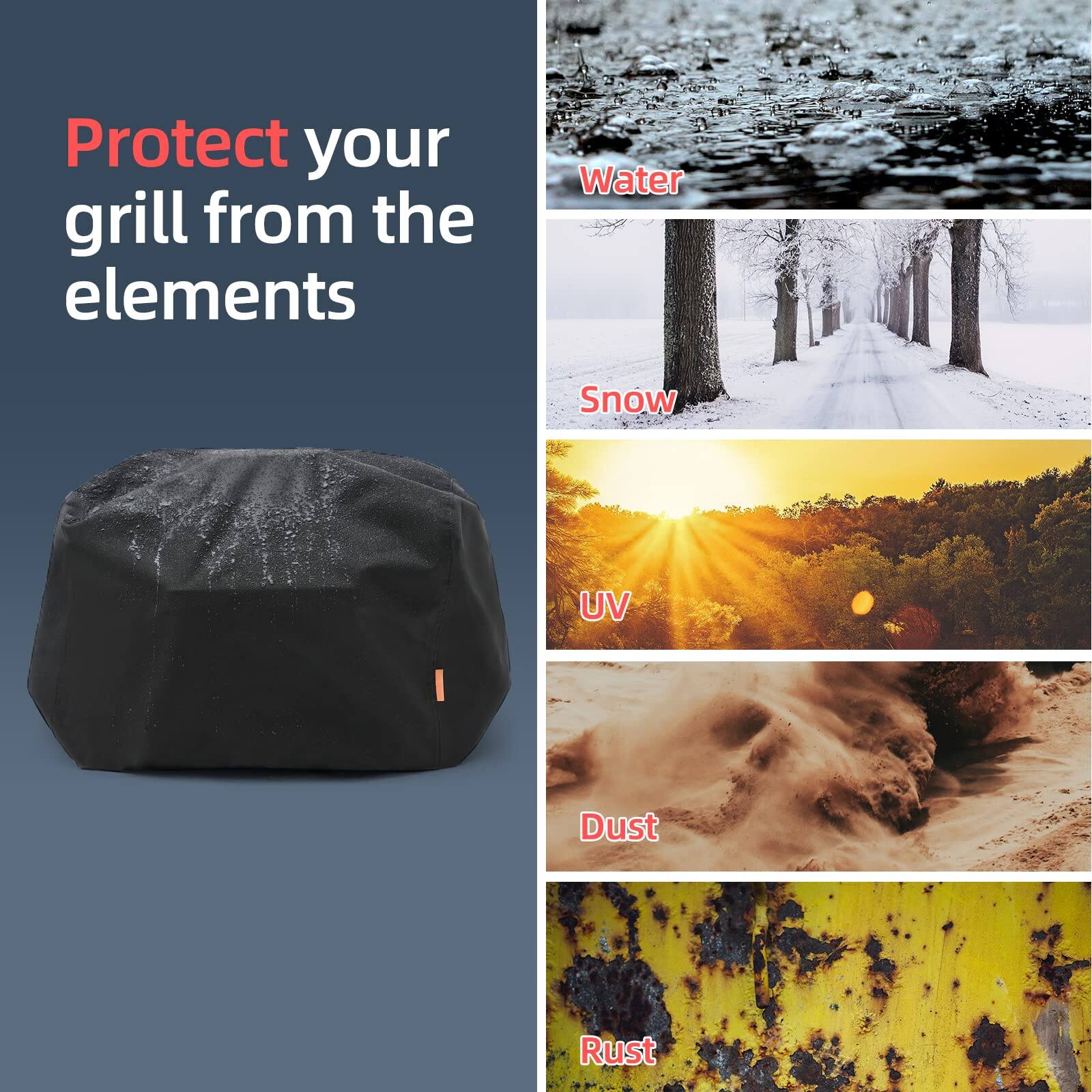 Protect your grill from the elements

- Water
- Snow
- UV
- Dust
- Rust