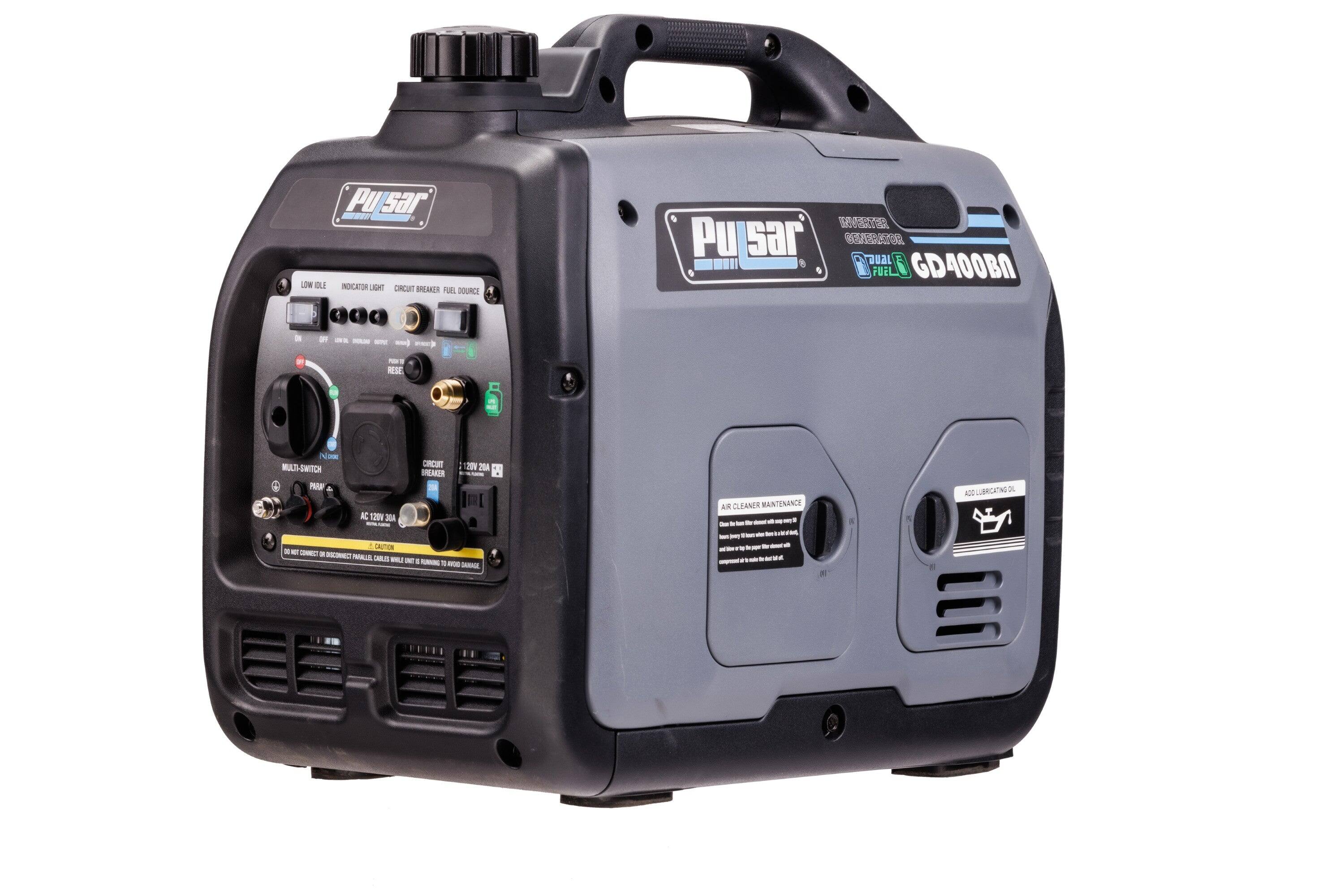 Pulsar GD400BA

- LOW OIL
- INDICATOR LIGHT
- CIRCUIT BREAKER
- FUEL DRAIN
- MULTI-SWITCH
- AC 120V 20A
- CAUTION
- AIR CLEANER MAINTENANCE
- ADD LUBRICATING OIL