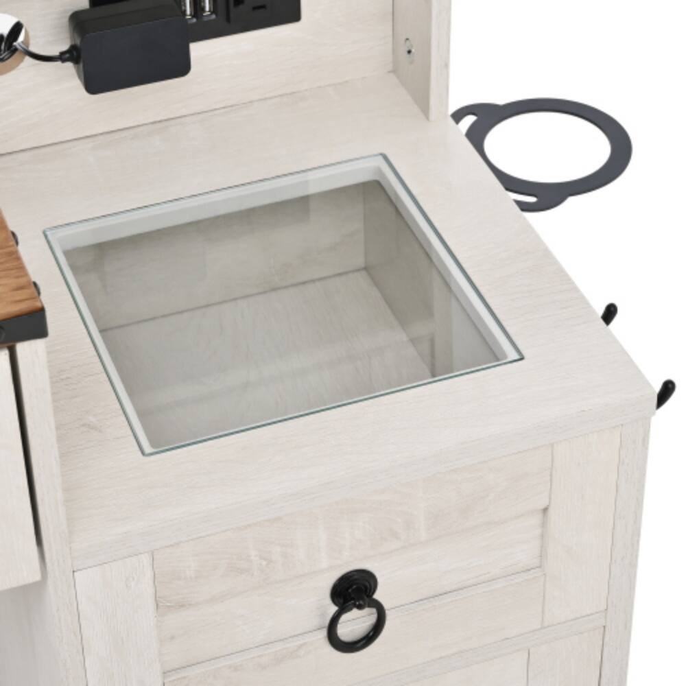 Alt View 3. LUCKY ONE - 42.5in Freestanding Farmhouse Vanity Set with Sliding LED Mirror, Glass Top, Charging Station, 4 Drawers - White.