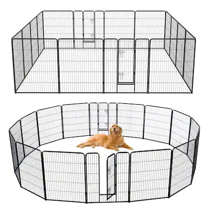 Front. Gymax - Gymax 16 Panel 40'' Height Pen Fence w/ Lock Indoor Outdoor Foldable Fencing Gate.