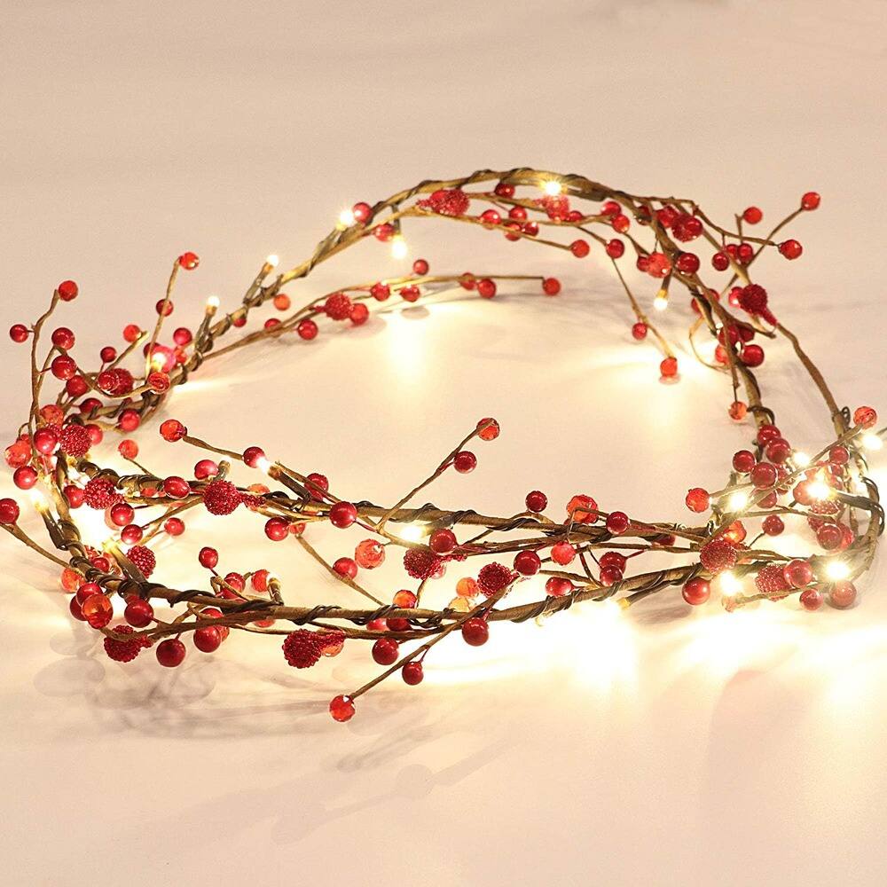 Front. THIRSTY TURTLE - 5.9ft Red Berry Garland, Pre-lit with 30 LEDs, Battery Operated, Timer.