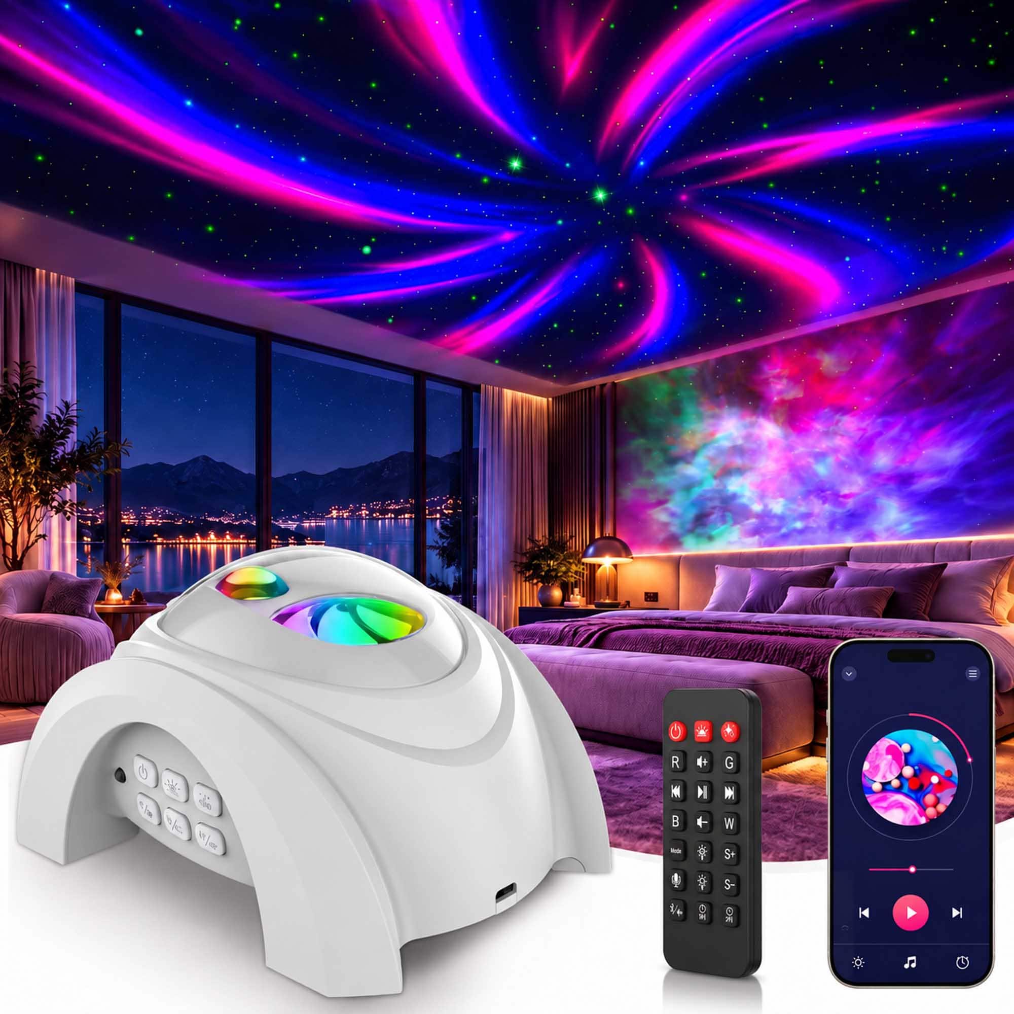 Rossetta - Dual Lens Galaxy Star Projector with Aurora Night Light, Bluetooth Speaker & Noise Machine - White