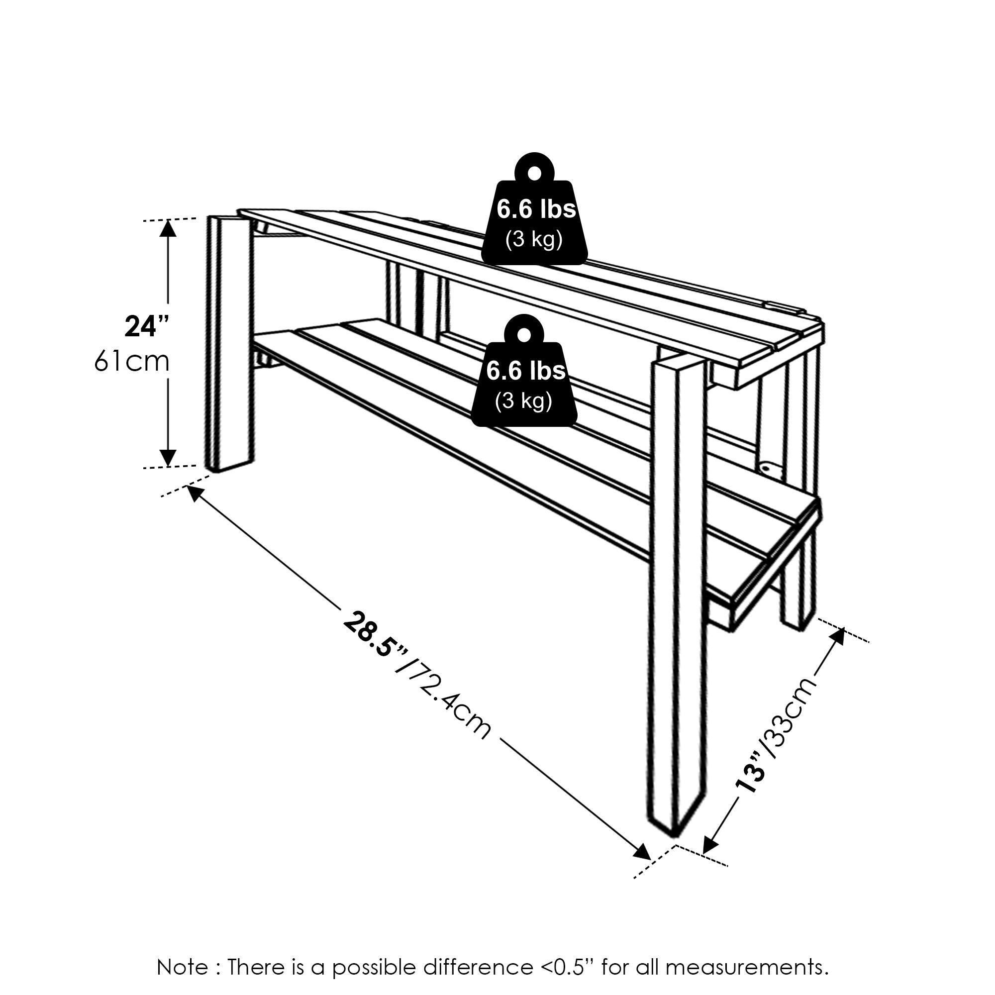 6.6 lbs (3 kg)  
24" / 61 cm  
28.5" / 72.4 cm  
13" / 33 cm  

Note: There is a possible difference <0.5" for all measurements.