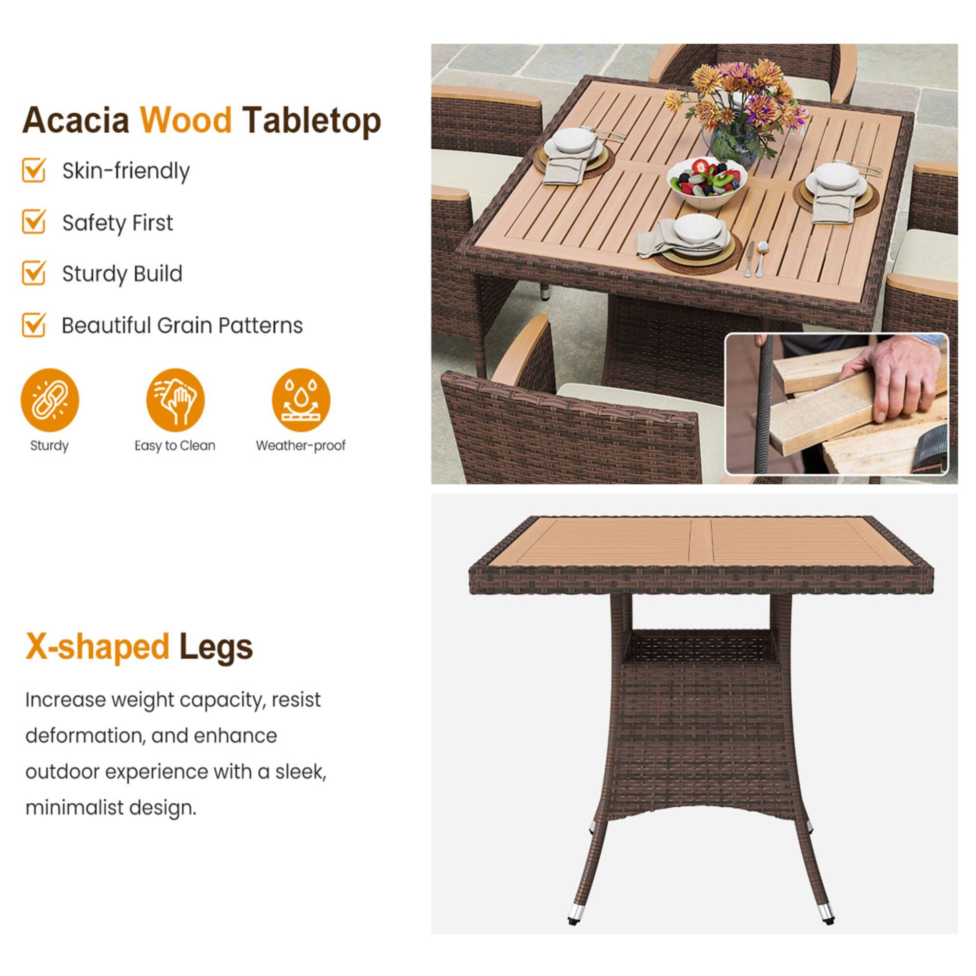Acacia Wood Tabletop  
- Skin-friendly  
- Safety First  
- Sturdy Build  
- Beautiful Grain Patterns  
- Sturdy  
- Easy to Clean  
- Weather-proof  

X-shaped Legs  
Increase weight capacity, resist deformation, and enhance outdoor experience with a sleek, minimalist design.