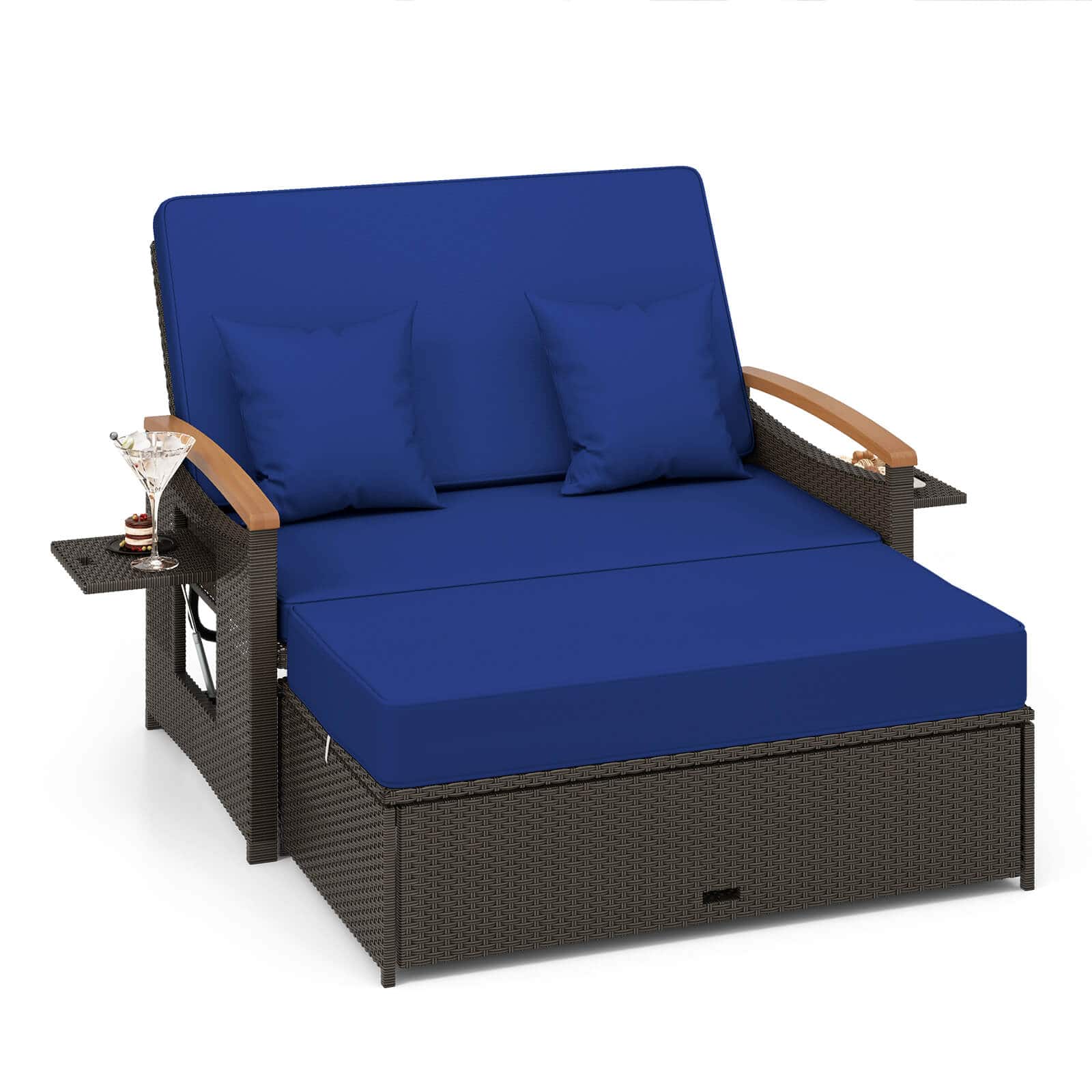 Front. Costway - Patio Rattan Daybed Set with Cushioned Loveseat & Storage Ottoman for Porch - Navy.