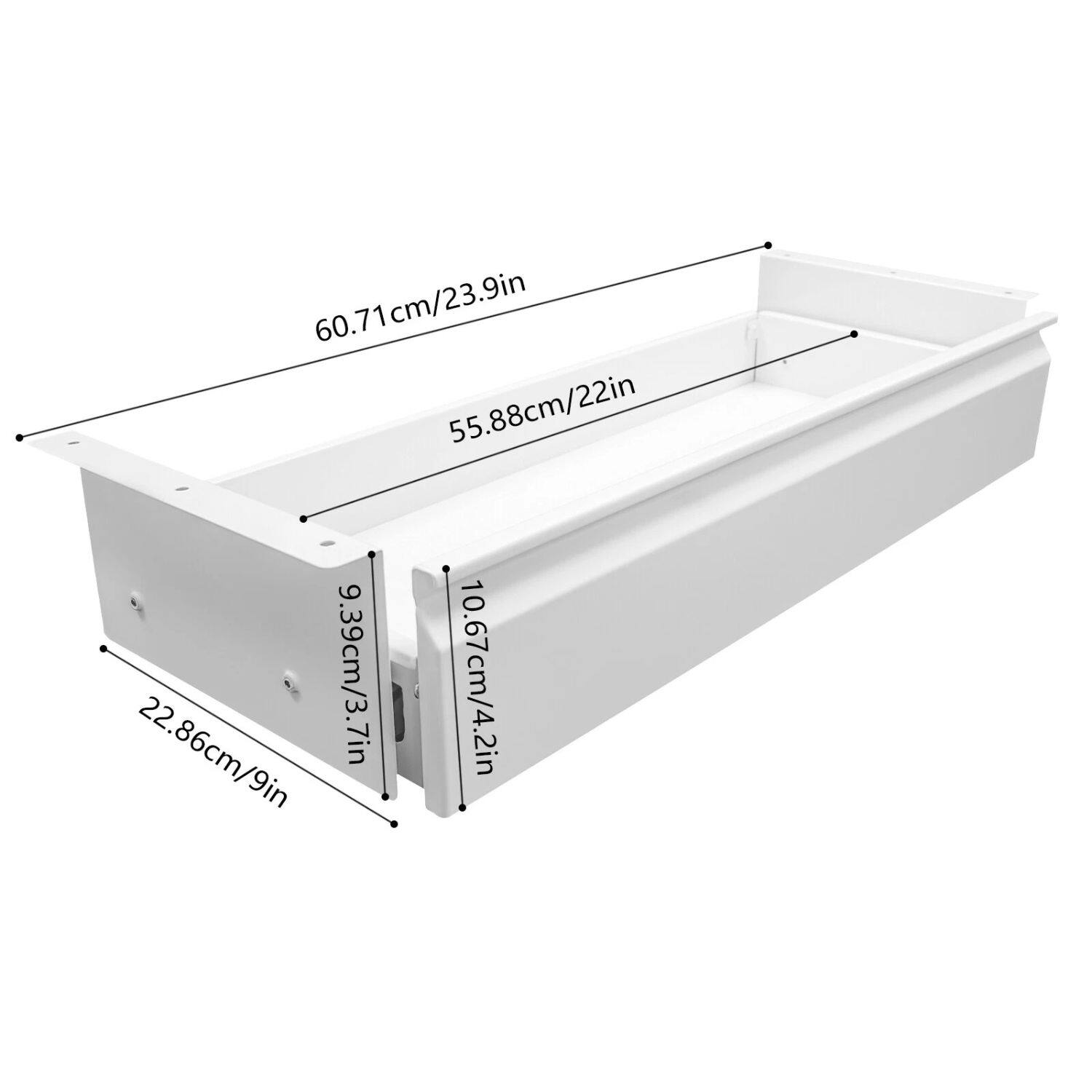 60.71cm/23.9in  
55.88cm/22in  
22.86cm/9in  
9.39cm/3.7in  
10.67cm/4.2in