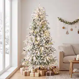 Costway - 7 ft Flocked Christmas Tree with 825 Branch Tips, 35 Pine Cones, 280 LED Lights - White