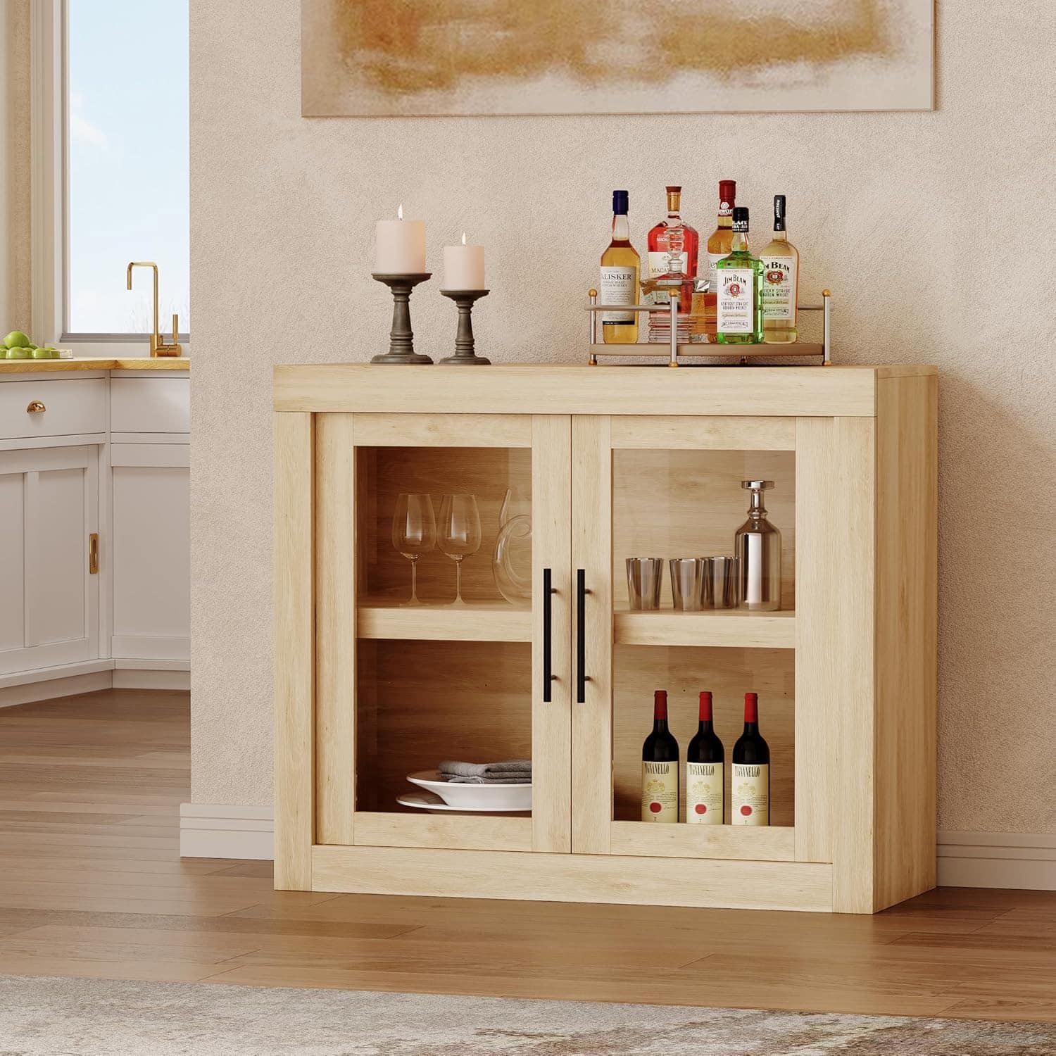 GARVEE - 35.4" Sideboard Buffet Cabinet with 2 Glass Doors, Modern Accent Cabinet, Wood Coffee Bar Media Console Credenza - Natural