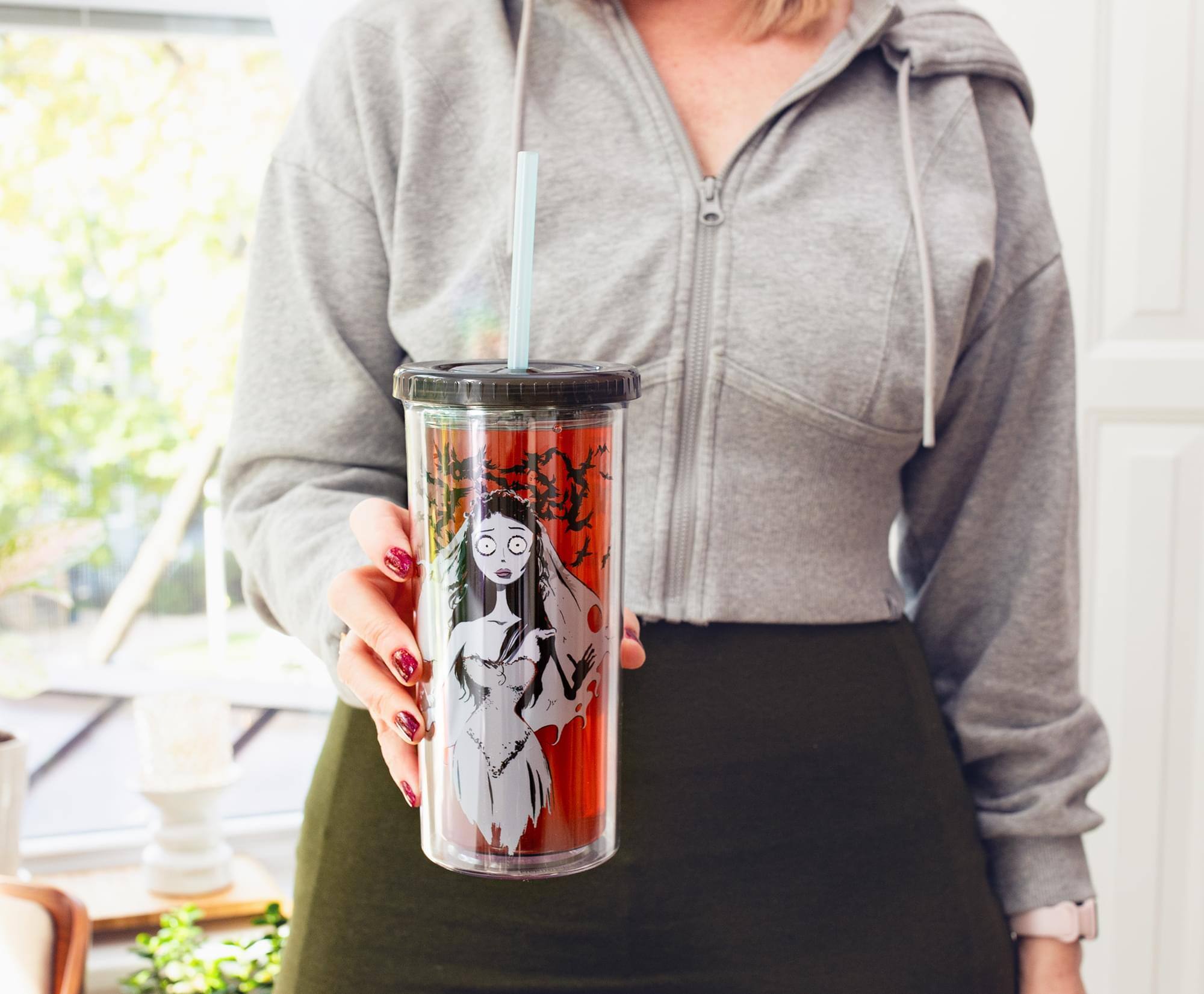 Alt View 5. Silver Buffalo - Tim Burton's Corpse Bride Emily 20-Ounce Carnival Cup With Lid and Straw - Blue.