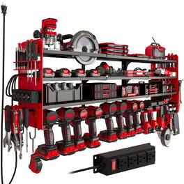 HAUSOURCE - 16.93 in. Red Steel 4-Tier Power Tool Organizer Shelving Wall Mount Utility Storage Rack Shelves Garage Cabinets - Red