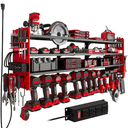 Front. HAUSOURCE - 16.93 in. Red Steel 4-Tier Power Tool Organizer Shelving Wall Mount Utility Storage Rack Shelves Garage Cabinets - Red.