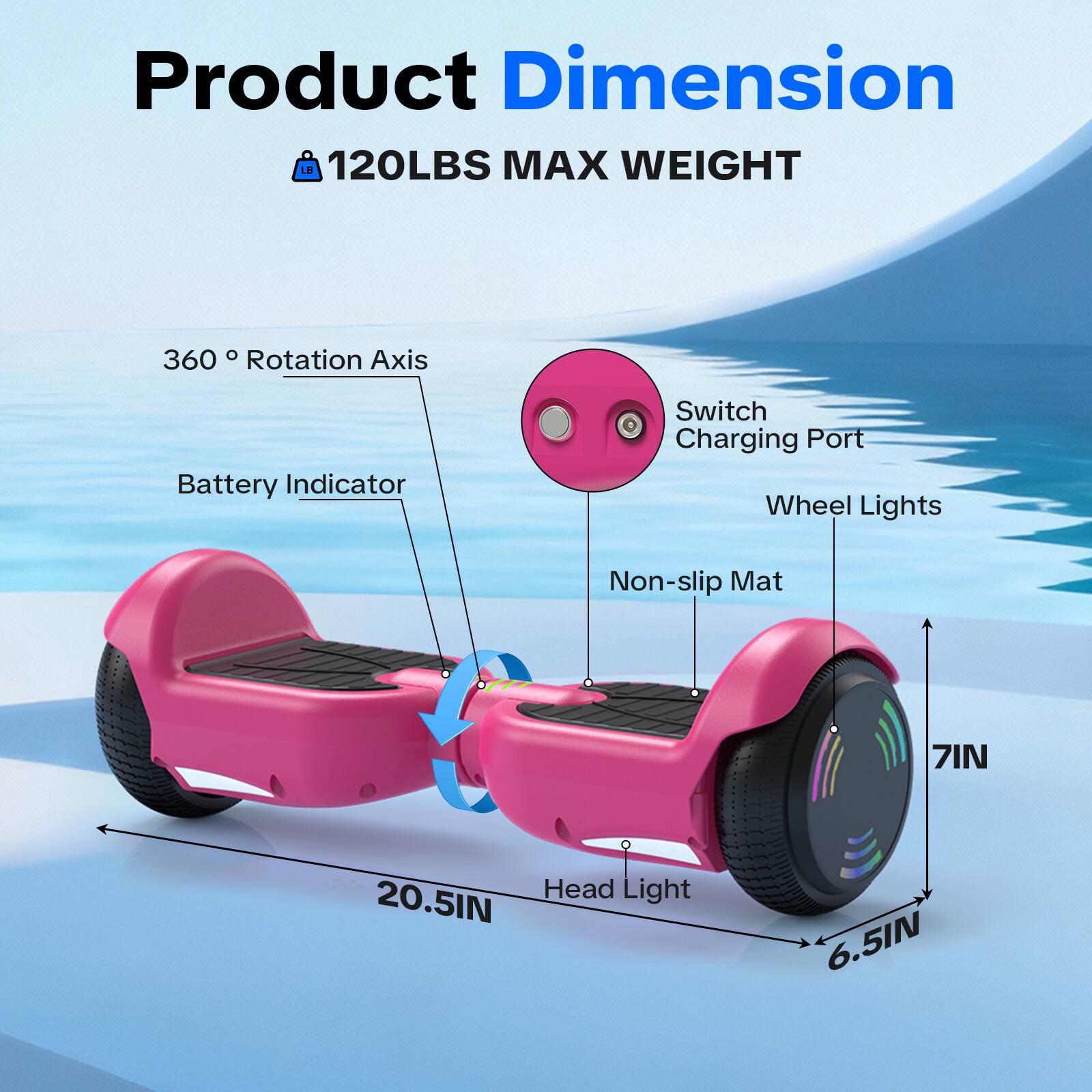 Product Dimension  
120LBS MAX WEIGHT  
360° Rotation Axis  
Battery Indicator  
Switch Charging Port  
Wheel Lights  
Non-slip Mat  
Head Light  
7IN  
20.5IN  
6.5IN
