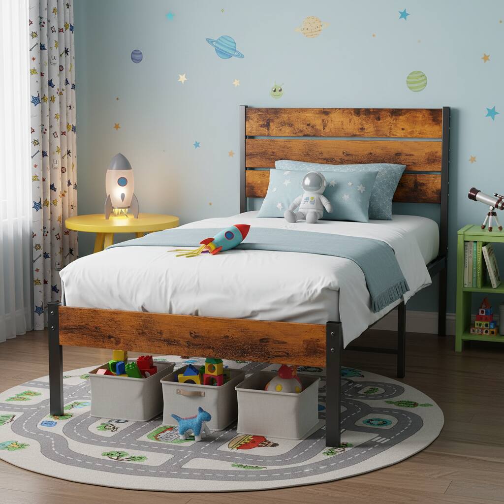 Alt View 4. AOITUN - Twin Size Industrial Bed Frame, Rustic Wood Headboard & Footboard, 800LBS Capacity, 12" Underbed Storage. - Rustic.