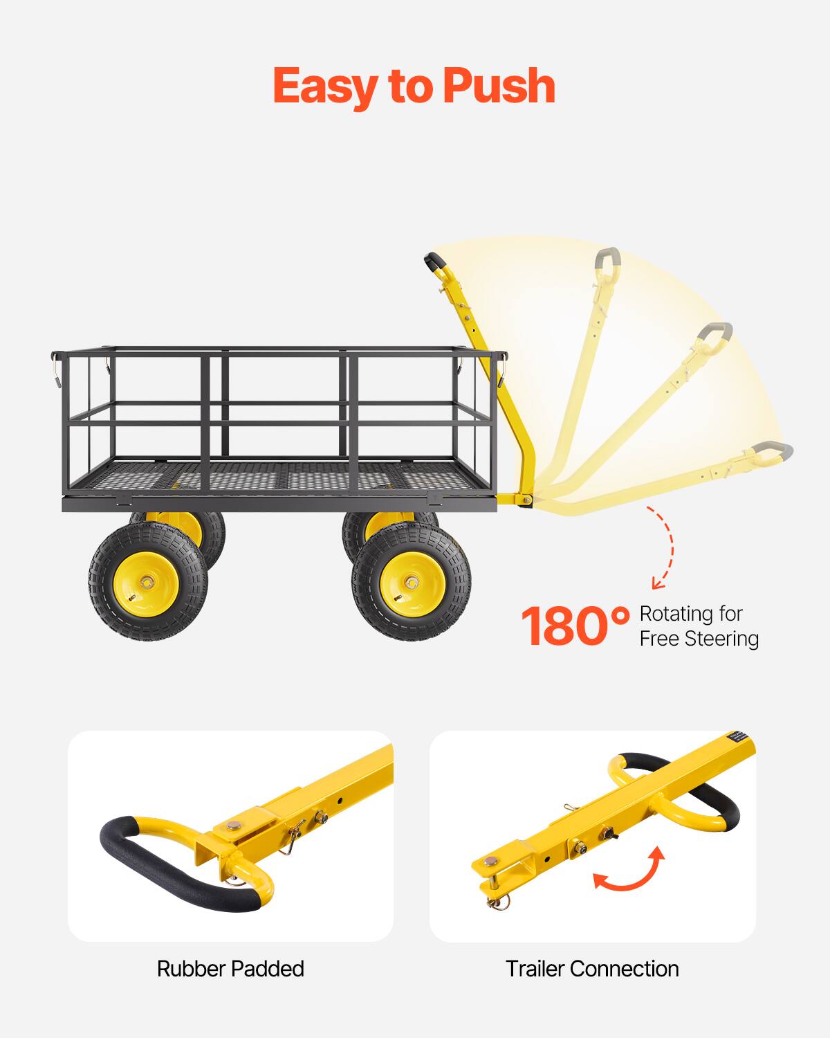 Easy to Push, Rotating for 180° Free Steering, Rubber Padded, Trailer Connection