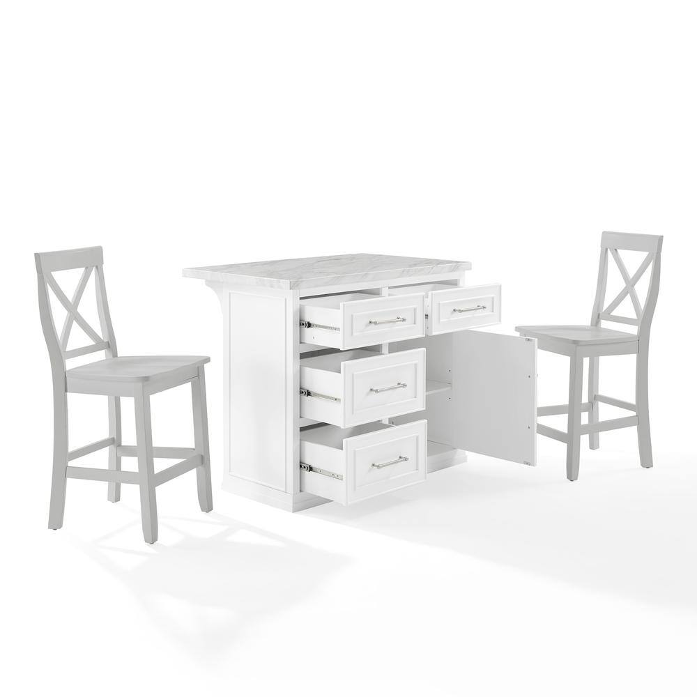 Alt View 10. Crosley Furniture - Cutler Faux Marble Top Kitchen Island W/X-Back Stools, Kitchen Island & 2 Stools - White.