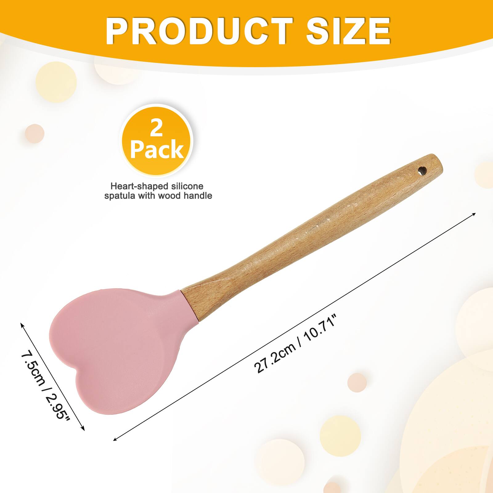 PRODUCT SIZE

2 Pack Heart-shaped silicone spatula with wood handle

7.5cm | 2.95" | 10.71" | 27.2cm