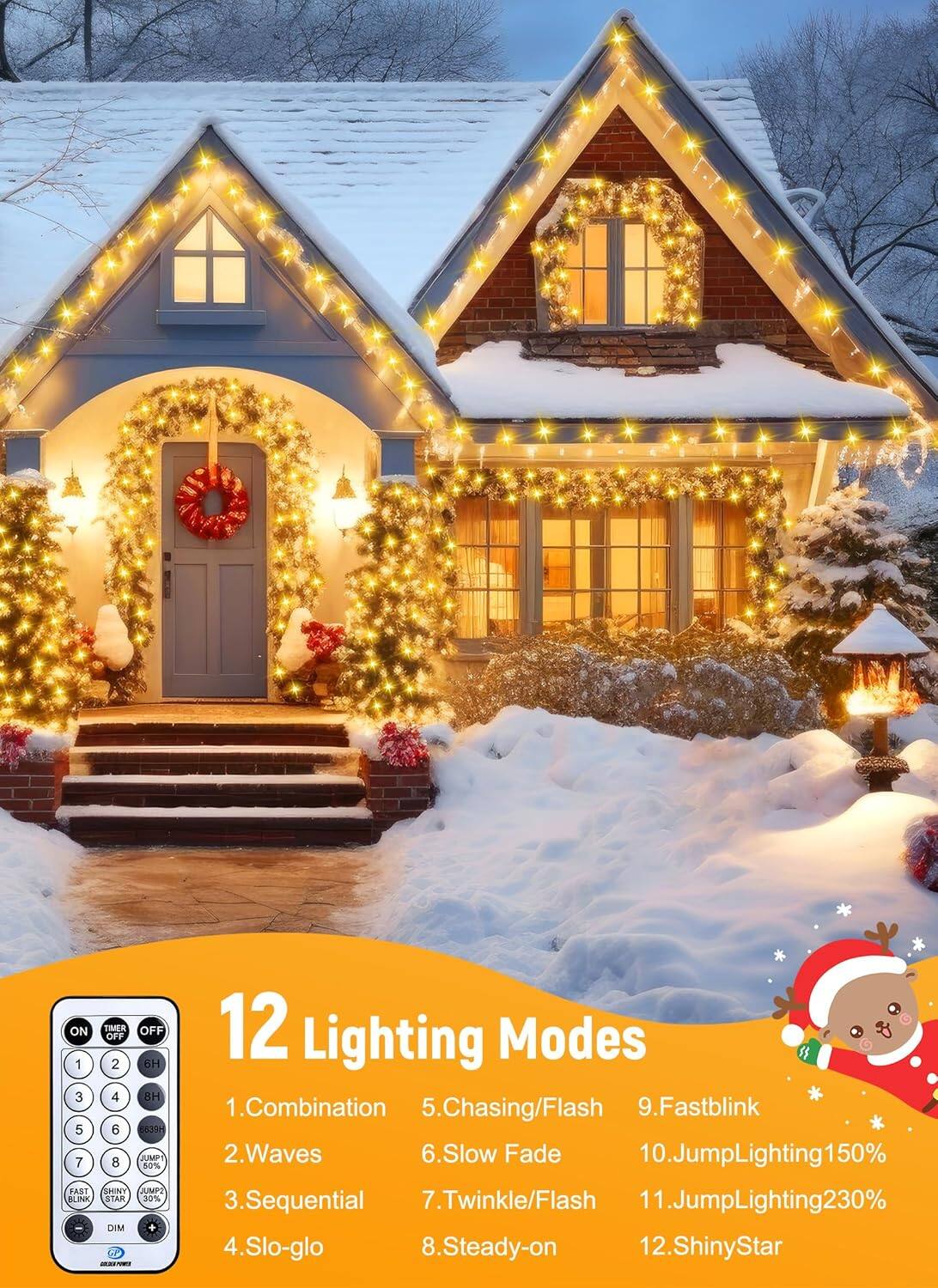 Sure, here is the corrected and grouped text:

---

**12 Lighting Modes**

1. Combination  
2. Waves  
3. Sequential  
4. Slo-glo  
5. Chasing/Flash  
6. Slow Fade  
7. Twinkle/Flash  
8. Steady-on  
9. Fastblink  
10. JumpLighting150%  
11. JumpLighting230%  
12. ShinyStar  

---

**Remote Control:**

- **ON TIMER OFF**  
  1 2 3 4 5 6  
  7 8  
  **FAST BLINK**  
  **SHINY STAR**  
  **JUMP 50%**  
  **JUMP 30%**  
  **JUMP 150%**  
  **JUMP 230%**  
  **DIM**  
  **BLINK STAR**  
  **839**  
  **6H 8H**  
  **JUMP**  
  **SHINY**  
  **FAST**  
  **BLINK**  
  **STAR**  
  **30%**  
  **DIM**  
  **12 Lighting