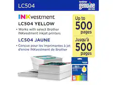 brother LC504 genuine INK & TONER
INKvestment LC504 YELLOW
Works with select Brother INKvestment inkjet printers
LC504 JAUNE
Conçu pour les imprimantes à jet d'encre INKvestment de Brother
Up to 500 pages
Jusqu'à 500 pages
brother Eprd LC501Y
LC Y MPC-J1260W MC-J1360DM MFC-214100W